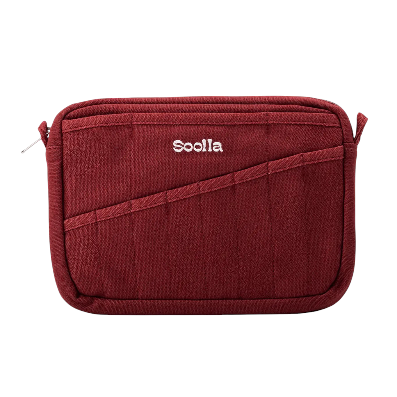 Soolla Studio Artist Pouch Sangria: Maroon pouch, diagonal front pocket, white Soolla embroidery. Stylish storage bag.
