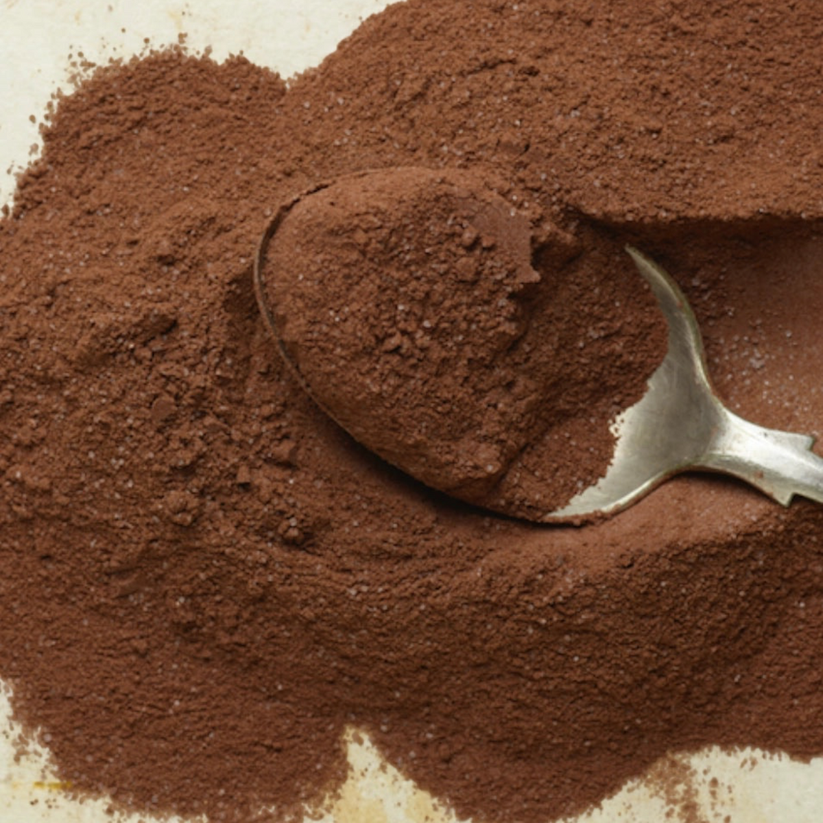 Forager Provisions LTD Harth Winter Solstice vegan spiced hot chocolate powder with a silver spoon on a light surface.