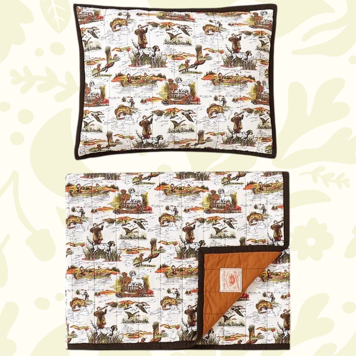 Forager Provisions LTD Camp Wandawega cotton twin quilt and pillow sham set with vintage sportsmen hunting motifs