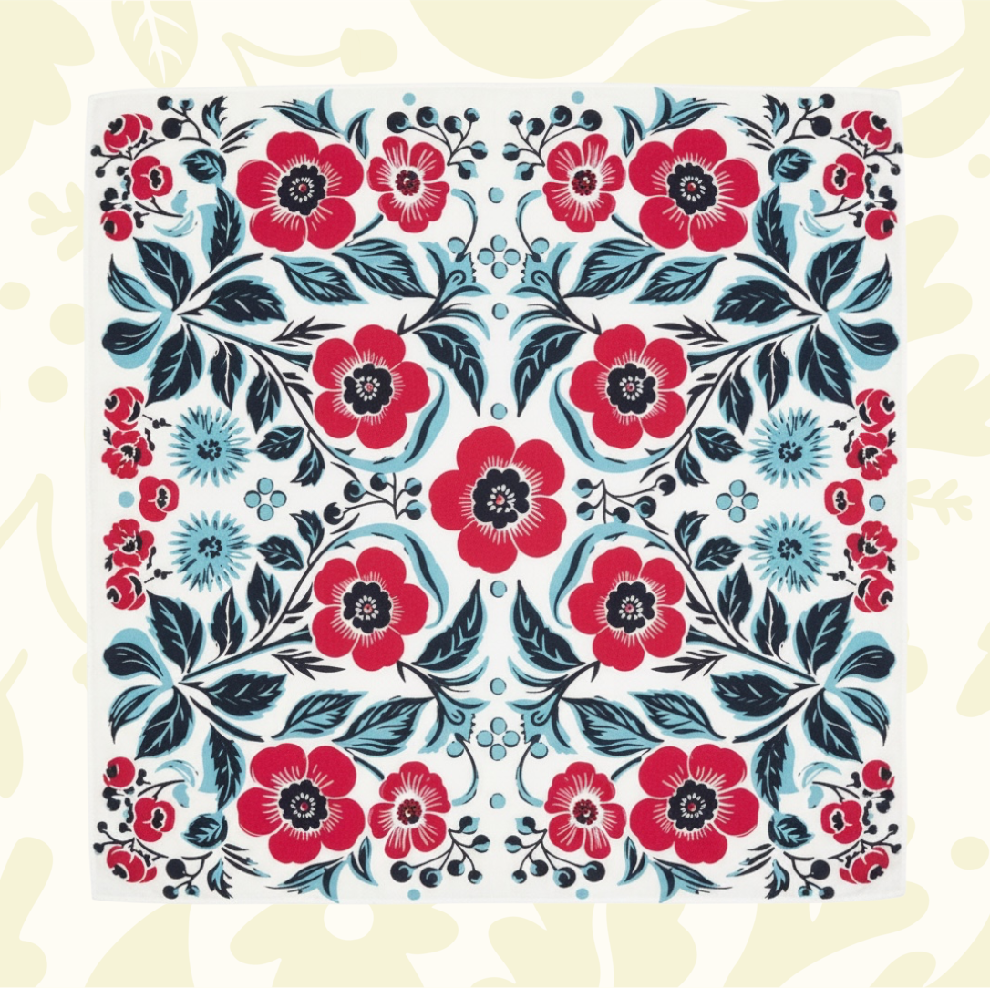 Forager Provisions LTD Bandits Bandanas Spring Awakening organic cotton bandana with red floral and blue leaf print.