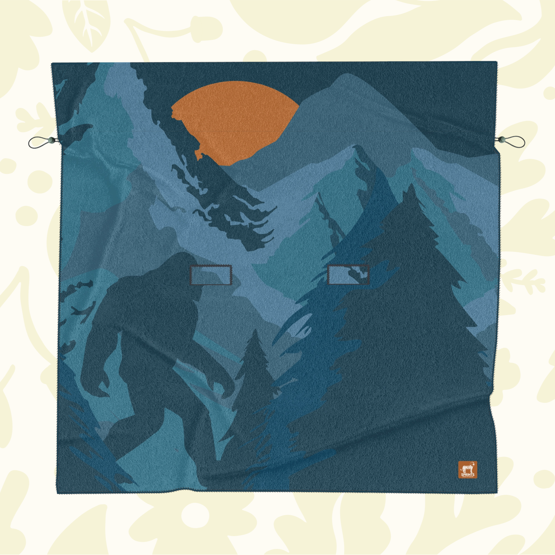 Forager Provisions LTD Sprints Bigfoot print terry car seat cover and towel in blue with mountain and moon design.