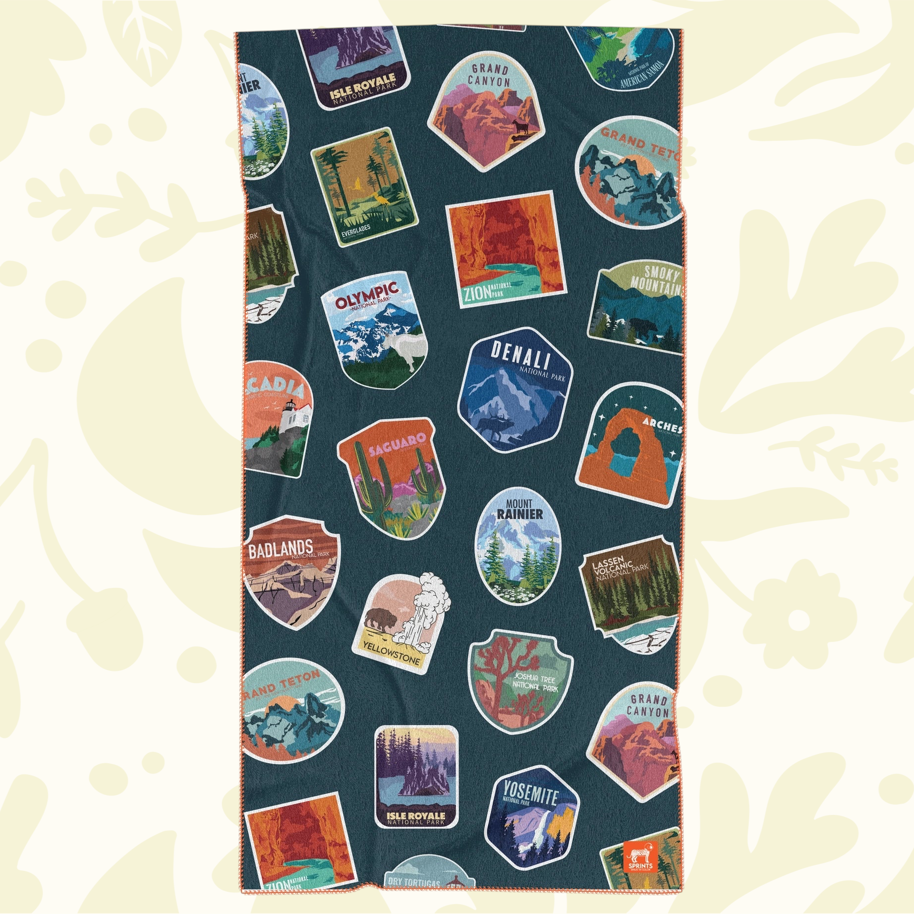Forager Provisions LTD Sprints National Parks microfibre car seat cover towel with colourful landscape patches.