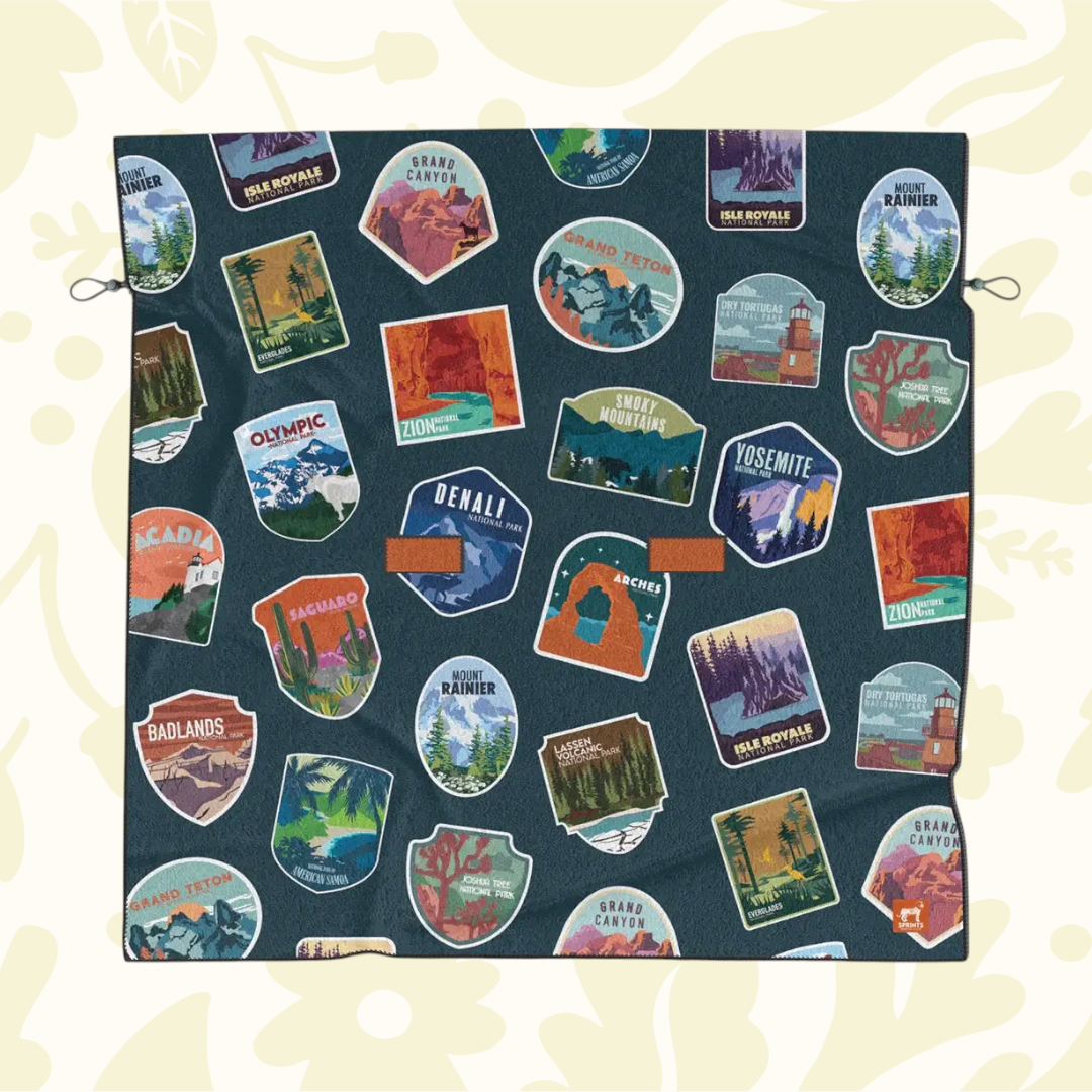Forager Provisions LTD Sprints National Parks party size car seat cover towel with colorful US landscape patches