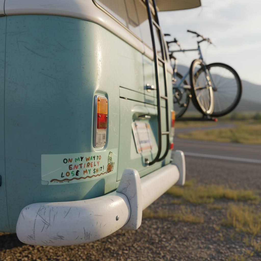 Forager Provisions LTD Stay Home Club bumper sticker on a vintage light blue camper van parked in a scenic landscape.