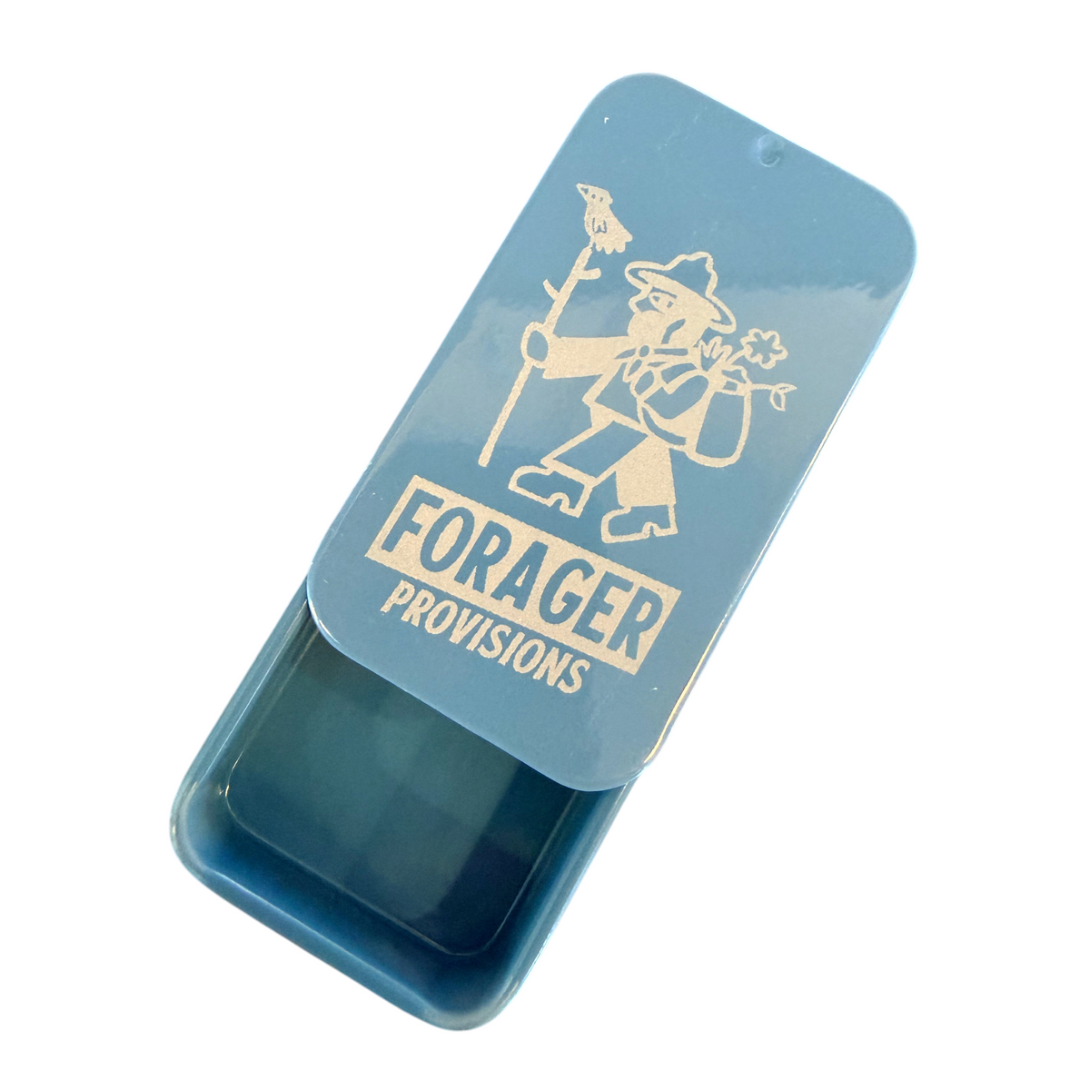 Forager Provisions LTD steel blue metal mini stash tin with a sliding lid and branded graphic design.