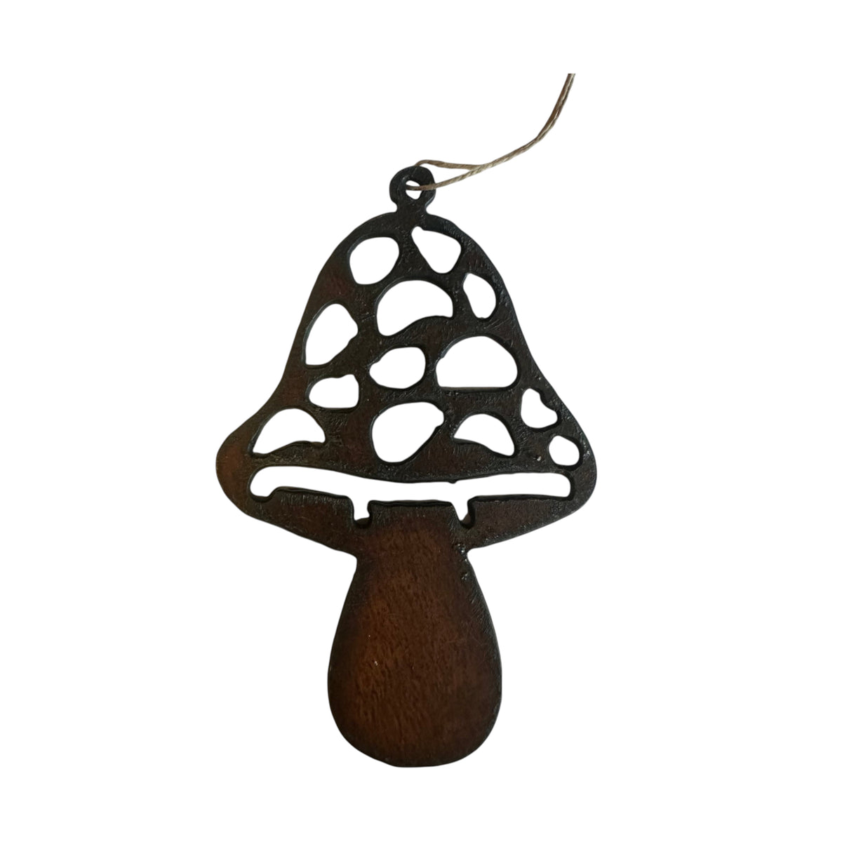 Forager Provisions LTD hanging mushroom ornament made from 18 gauge steel with a rustic finish for indoor or outdoor use