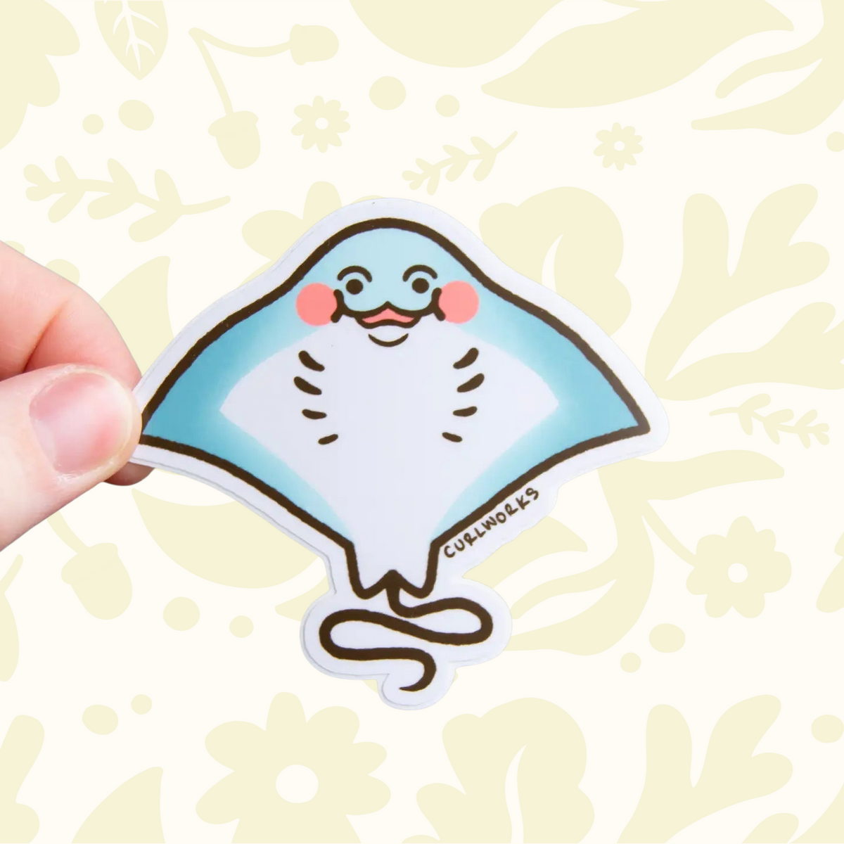 Forager Provisions LTD Bashful Sting Ray matte vinyl sticker with a cute blue and white design held in a hand.