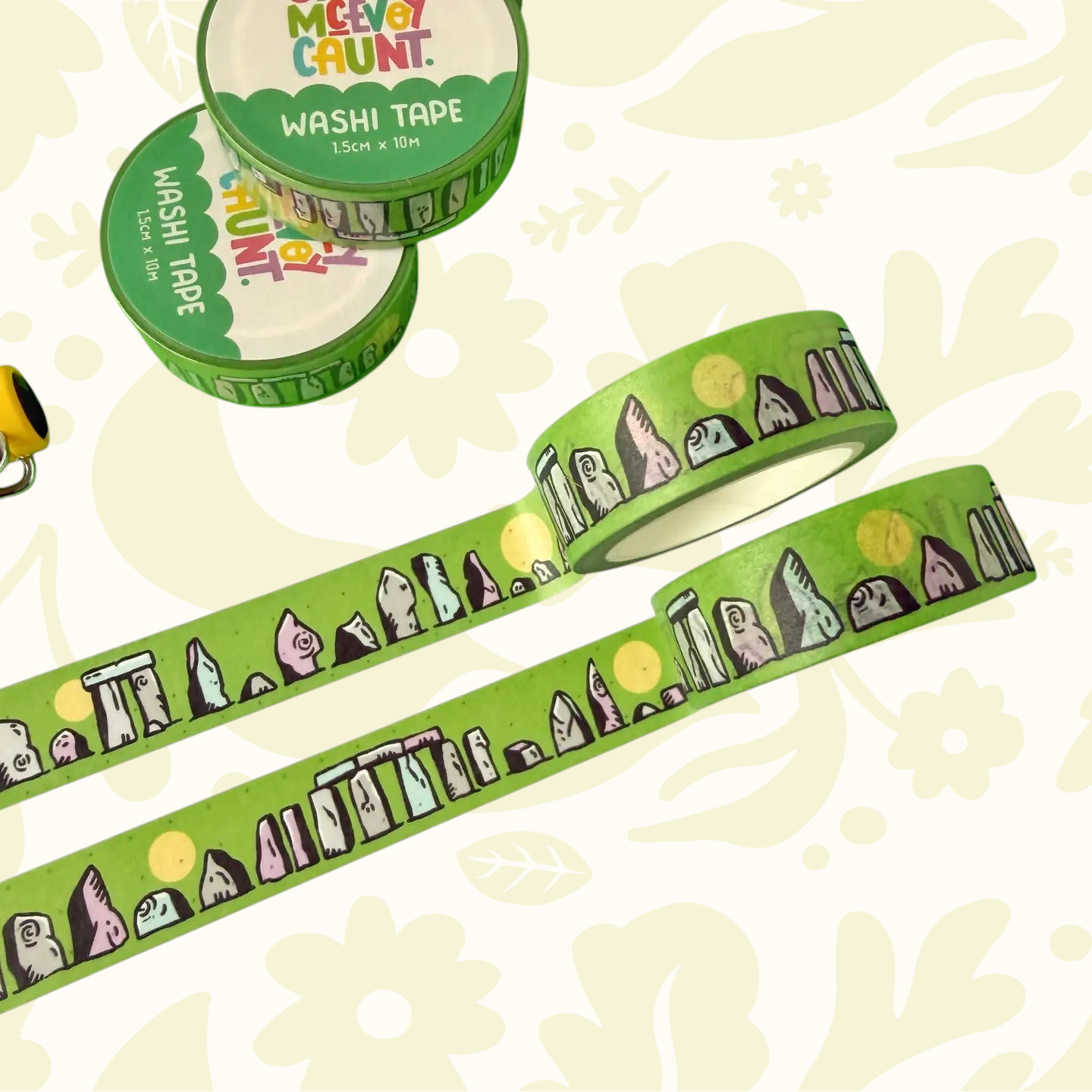Forager Provisions LTD Stacey McEvoy Caunt stone circle washi tape with green background and ancient site illustrations