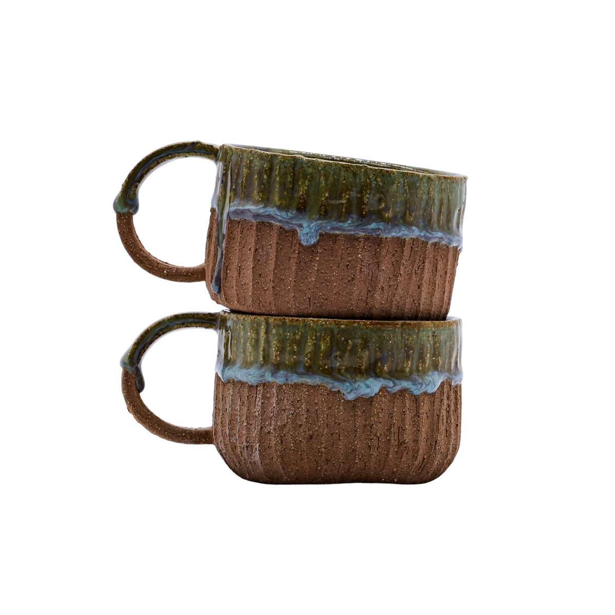 Forager Provisions LTD stack of two handcrafted Ribera Bluverde stoneware mugs with textured clay and blue-green glaze