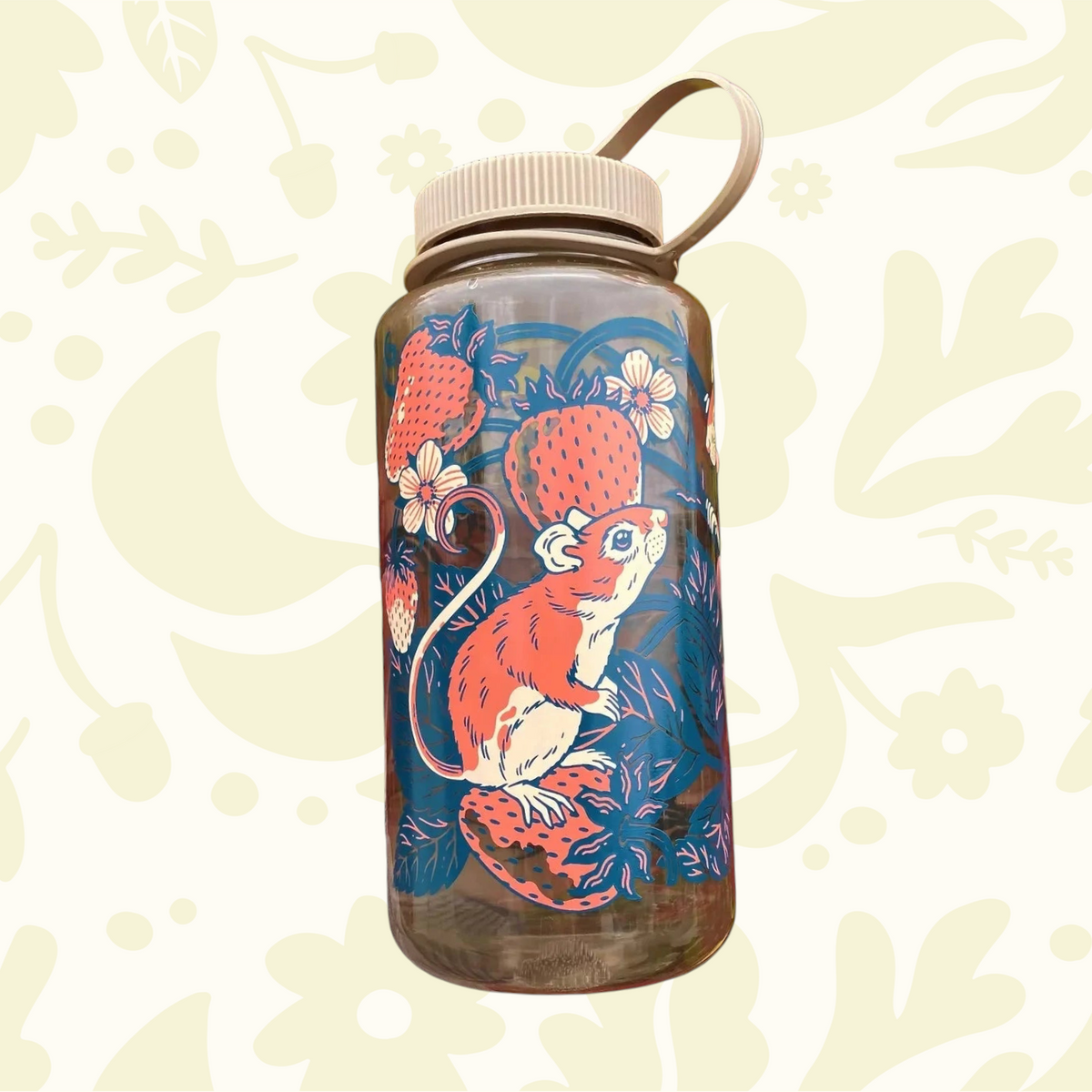 Forager Provisions LTD 32oz Nalgene water bottle in cotton white with Kate O’Hara strawberry and mouse screen print.