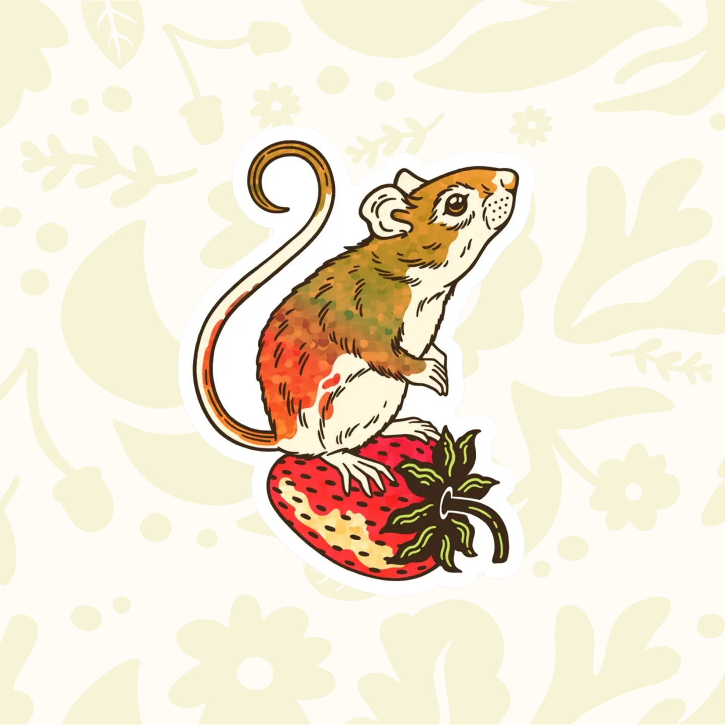Forager Provisions LTD Kate O’Hara strawberry mouse glitter vinyl sticker with whimsical woodland illustration