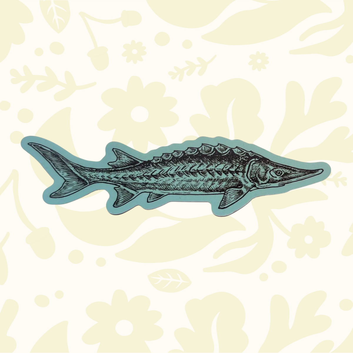 Forager Provisions LTD sturgeon fish sticker featuring a detailed prehistoric fish illustration on durable vinyl.