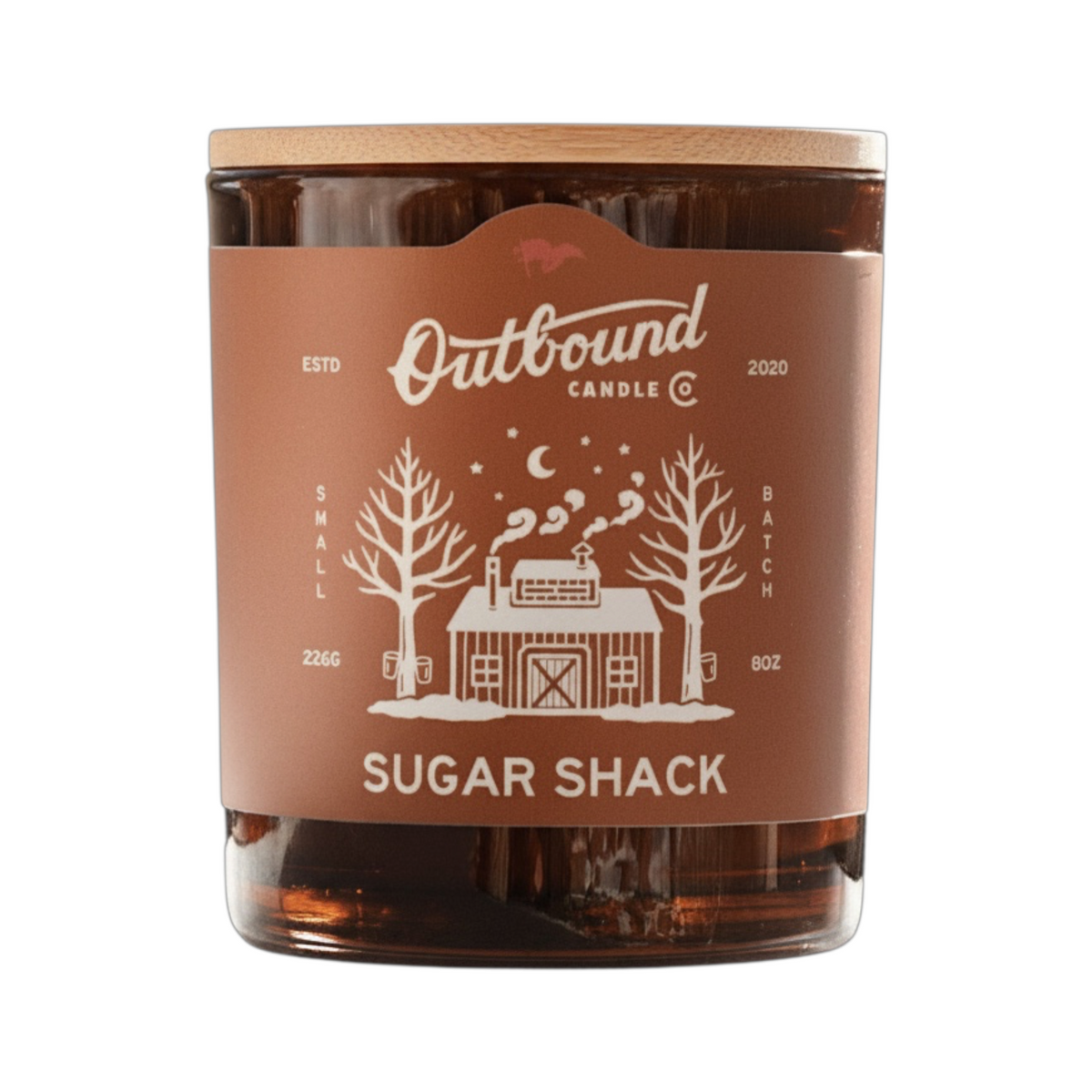 Forager Provisions LTD Outbound Candle Co Sugar Shack soy candle with bamboo lid and rustic cabin label design