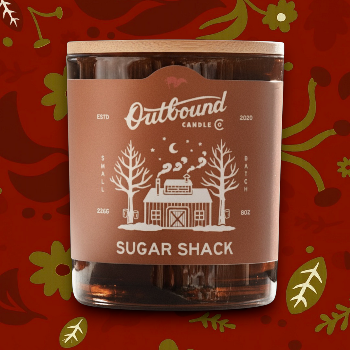 Forager Provisions LTD Outbound Candle Co Sugar Shack soy candle with bamboo lid and rustic cabin label design
