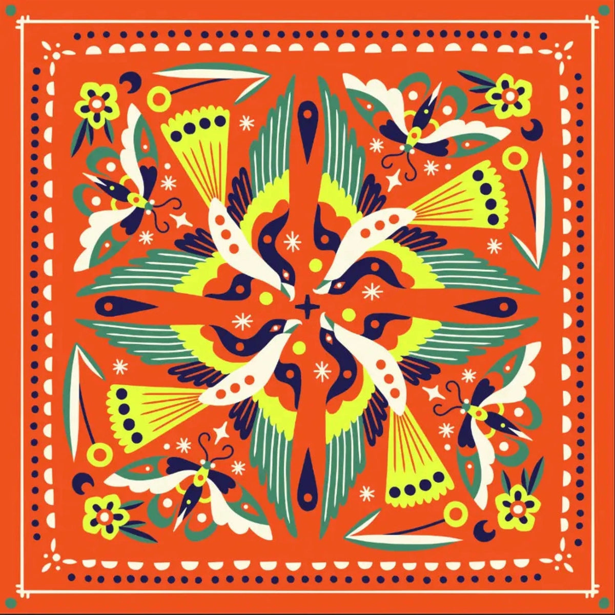 Forager Provisions LTD Bandits Bandanas Summer Breeze cotton bandana featuring a vibrant orange bird and floral print.