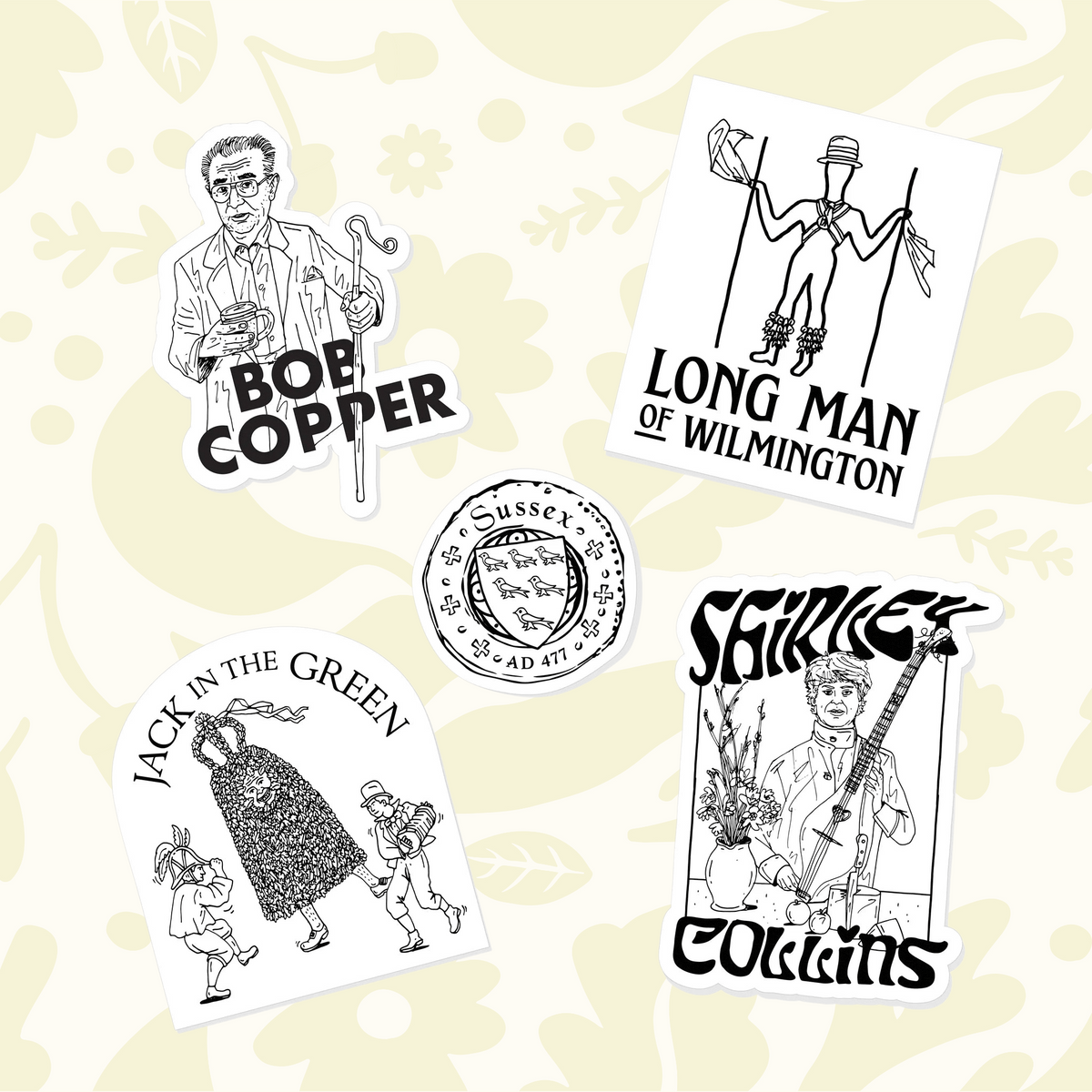 Forager Provisions LTD Weird Walk Sussex sticker pack featuring black and white folklore illustrations of local icons.