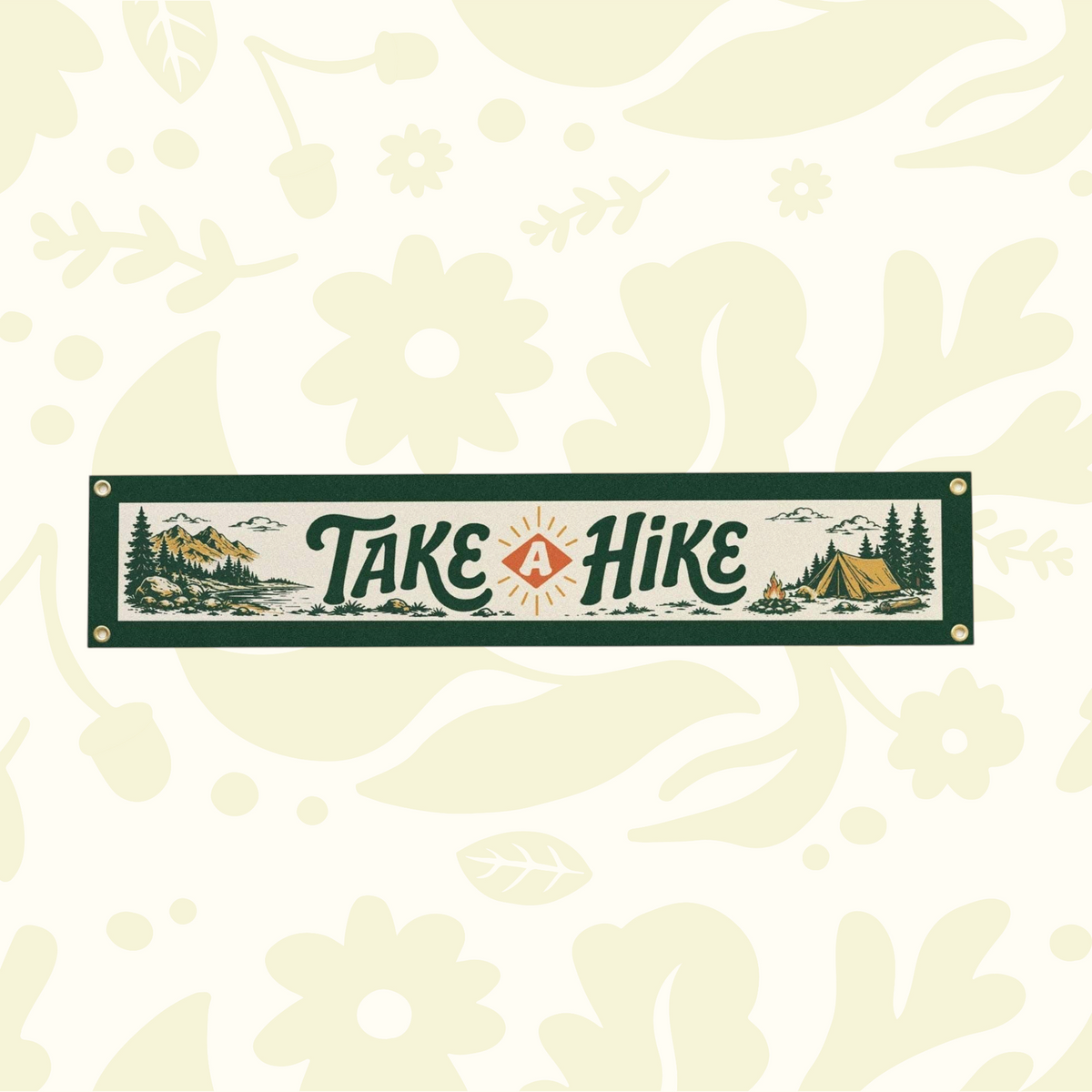 Forager Provisions LTD Benoit's Design Co. Take A Hike felt banner with outdoor camping and mountain illustration.
