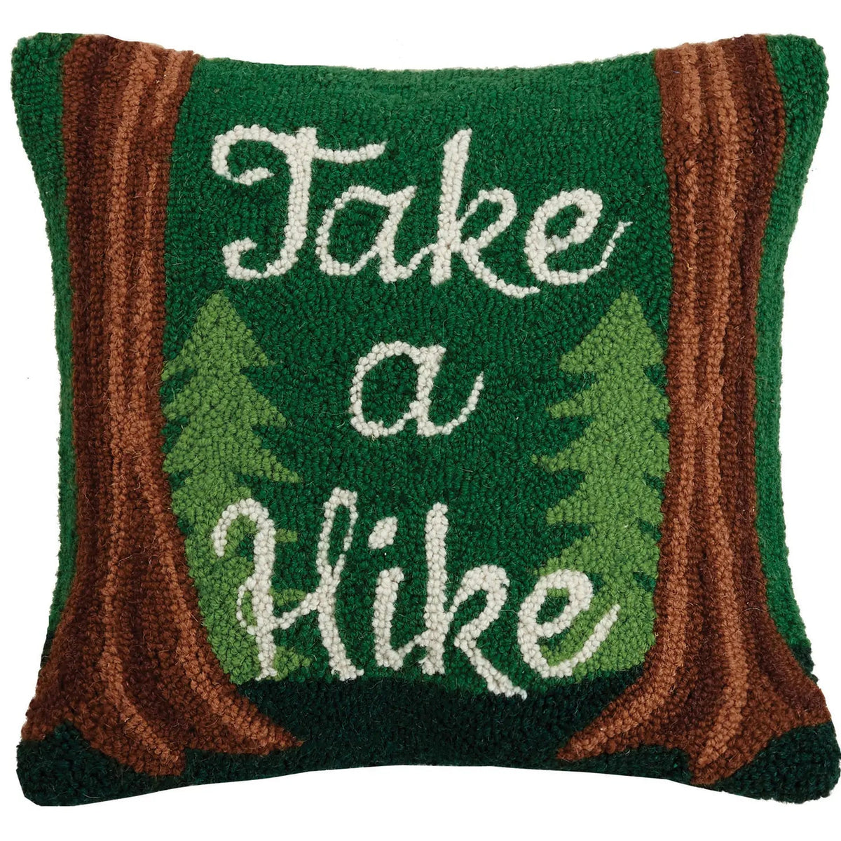 Forager Provisions LTD Peking Handicraft wool hooked cushion featuring a forest scene and Take a Hike slogan.
