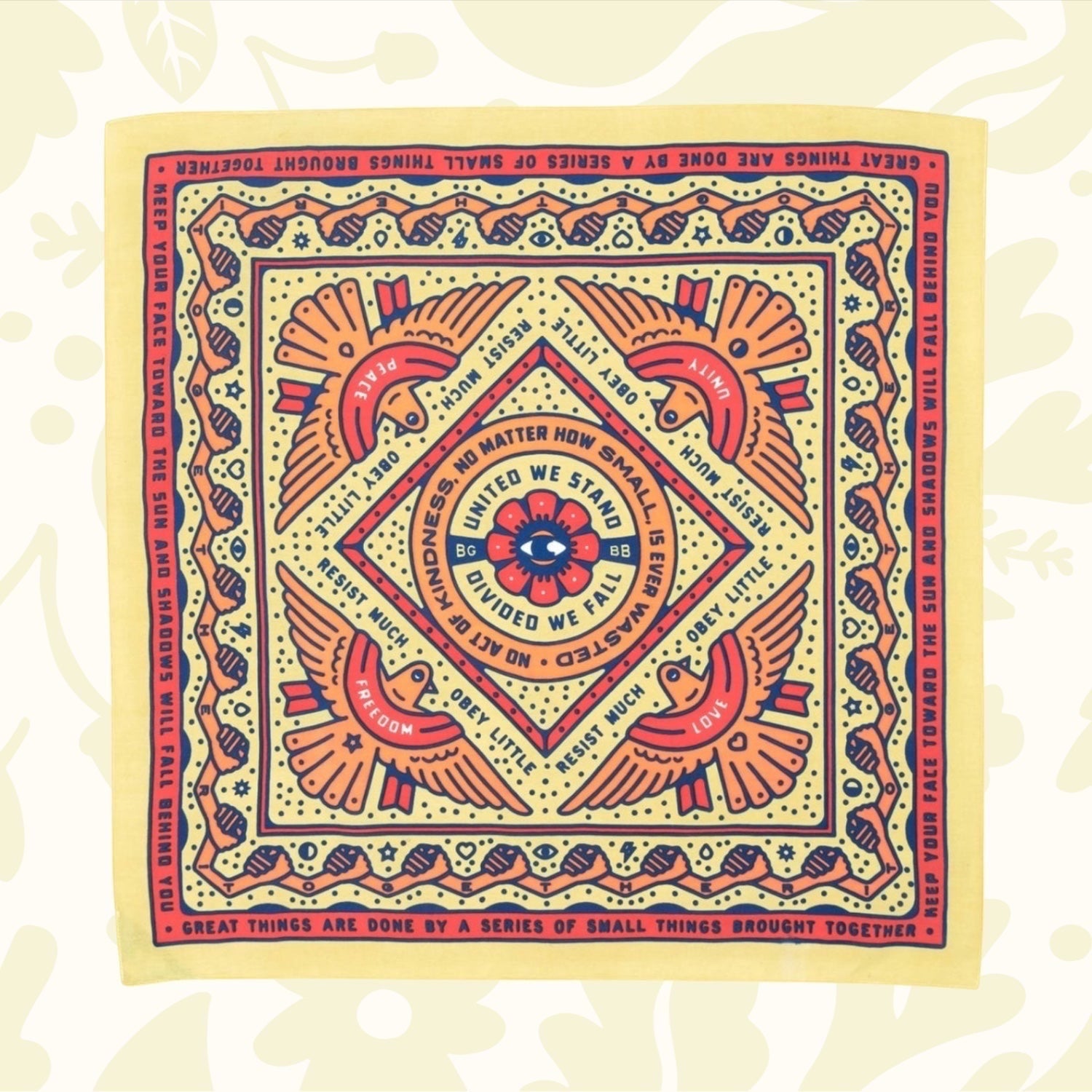Forager Provisions LTD Bandits Bandanas Together cotton bandana with yellow, orange, and blue unity-themed print.