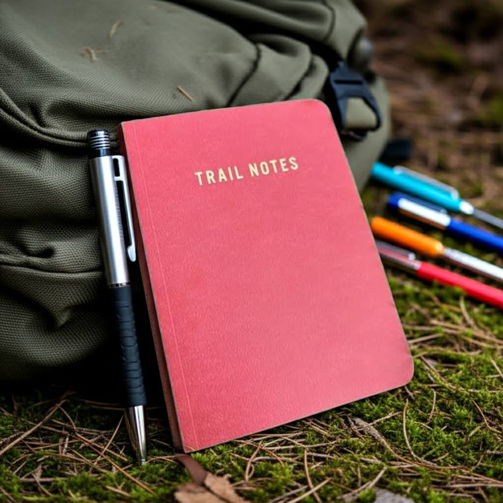 Forager Provisions LTD Trail Notes journal with a pen on a green backpack in a forest setting.