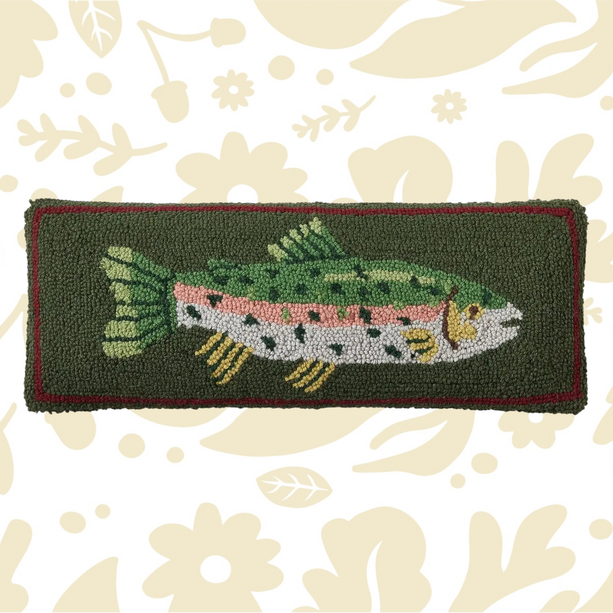 Peking Camp Wandawega Trout Hook Pillow 8x22—green fish, pink and yellow accents, perfect rustic cabin or lodge décor pillow.