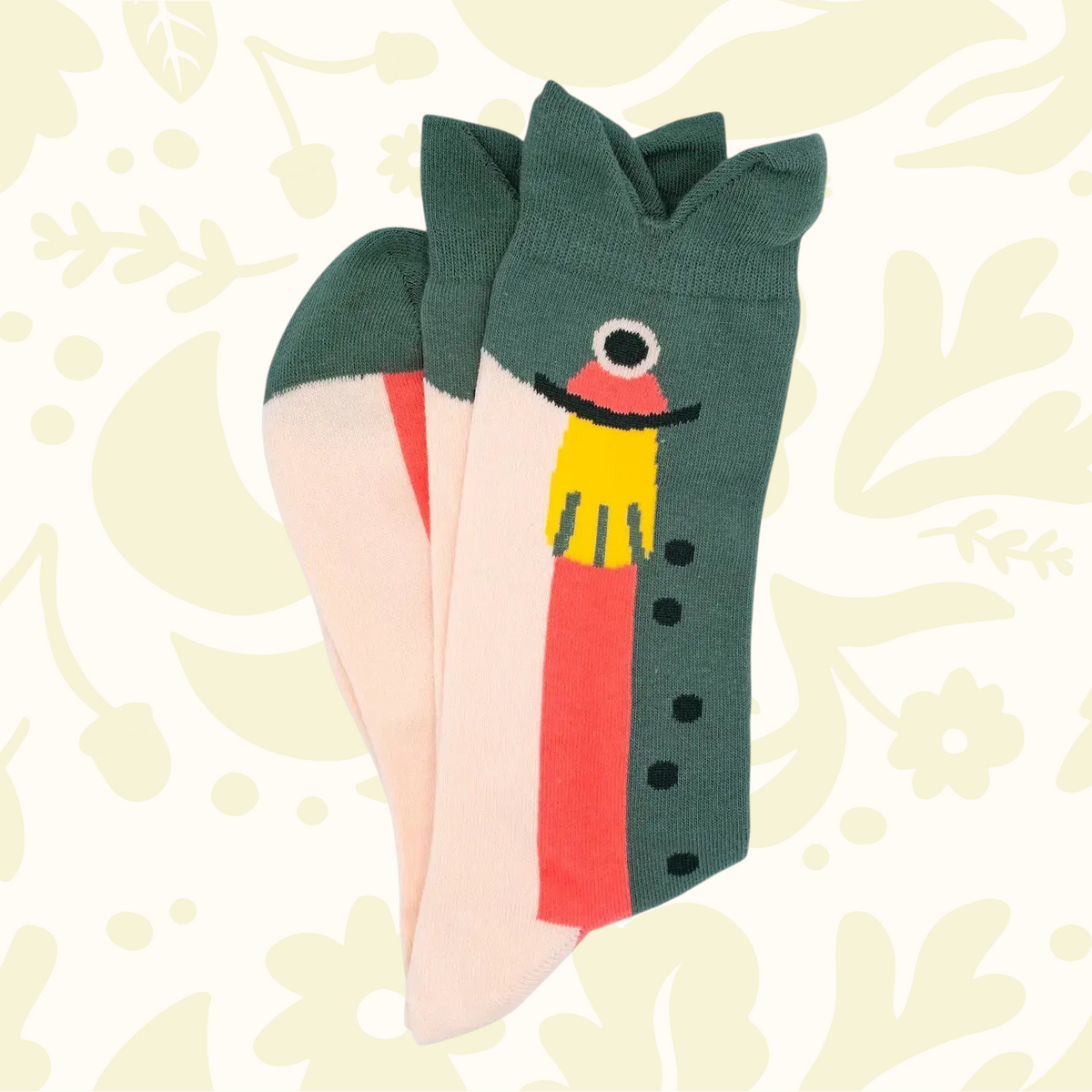 Camp Mustelid Trout Socks with green top, pink base, abstract trout—perfect for hiking, fishing, or outdoor adventure wear.