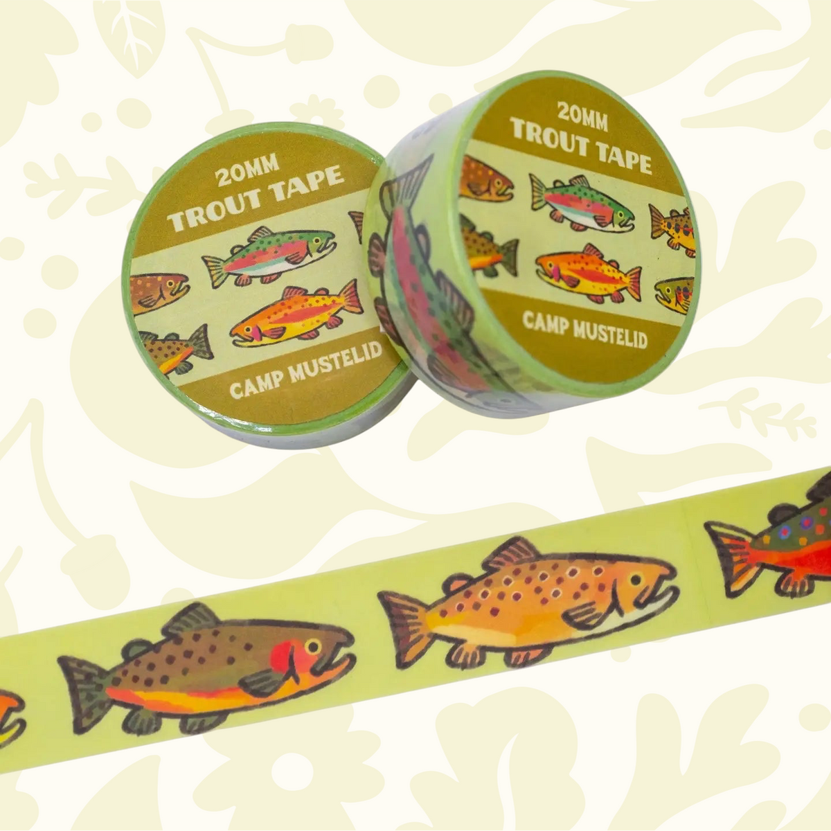 Camp Mustelid Trout Washi Tape: 2 rolls with trout design, ideal for fly fishing fans, scrapbooking, and crafts.