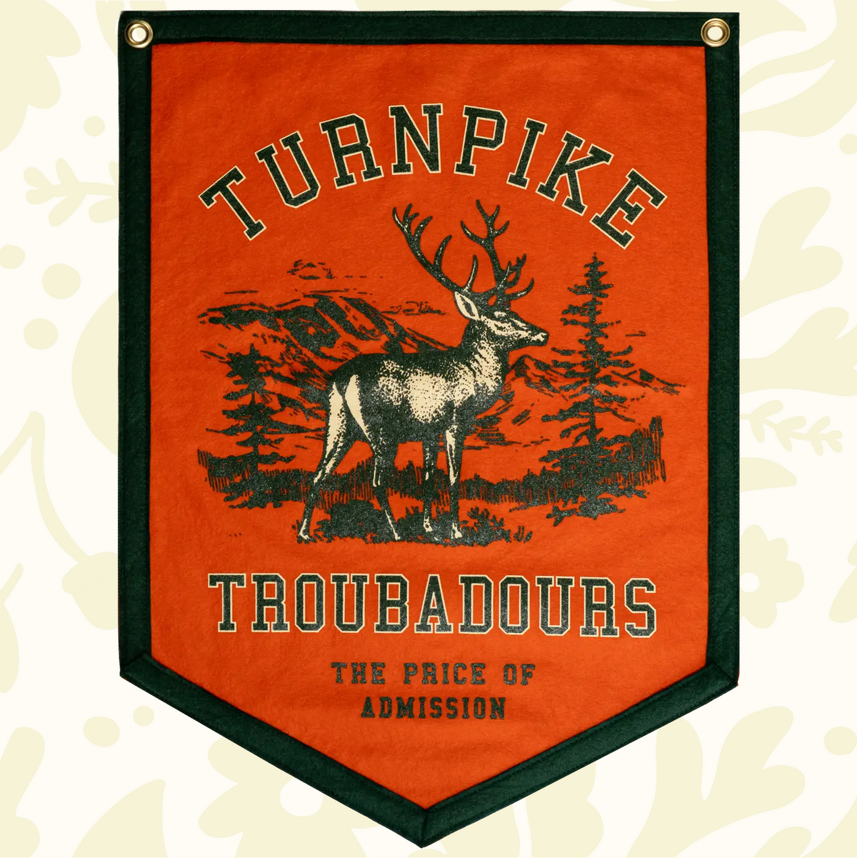 Forager Provisions LTD Oxford Pennant orange felt camp flag featuring a stag graphic and Turnpike Troubadours text.