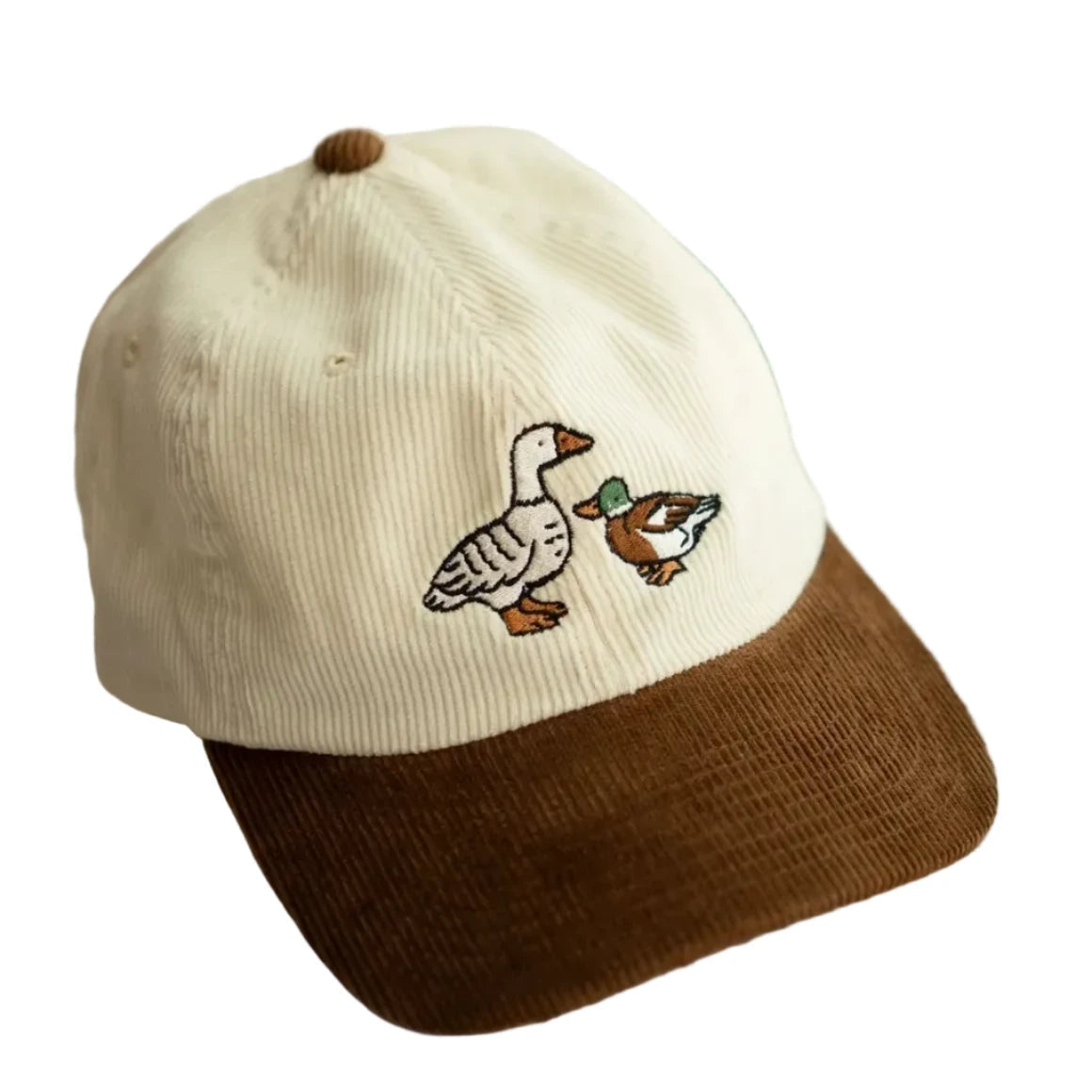 Forager Provisions LTD Stay Home Club two-tone cream and brown corduroy baseball cap with embroidered duck illustration
