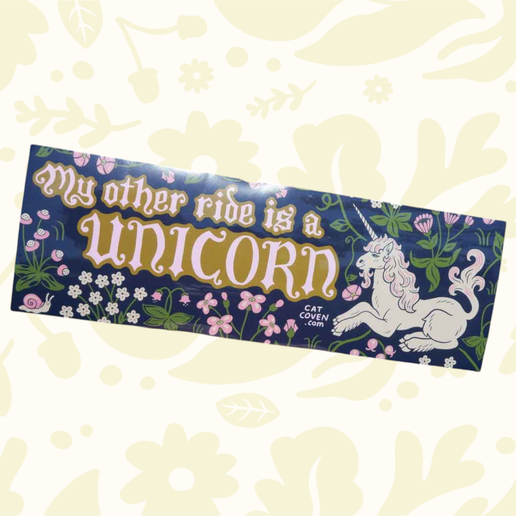 Forager Provisions LTD Cat Coven vinyl bumper sticker featuring a unicorn and floral design with whimsical text.