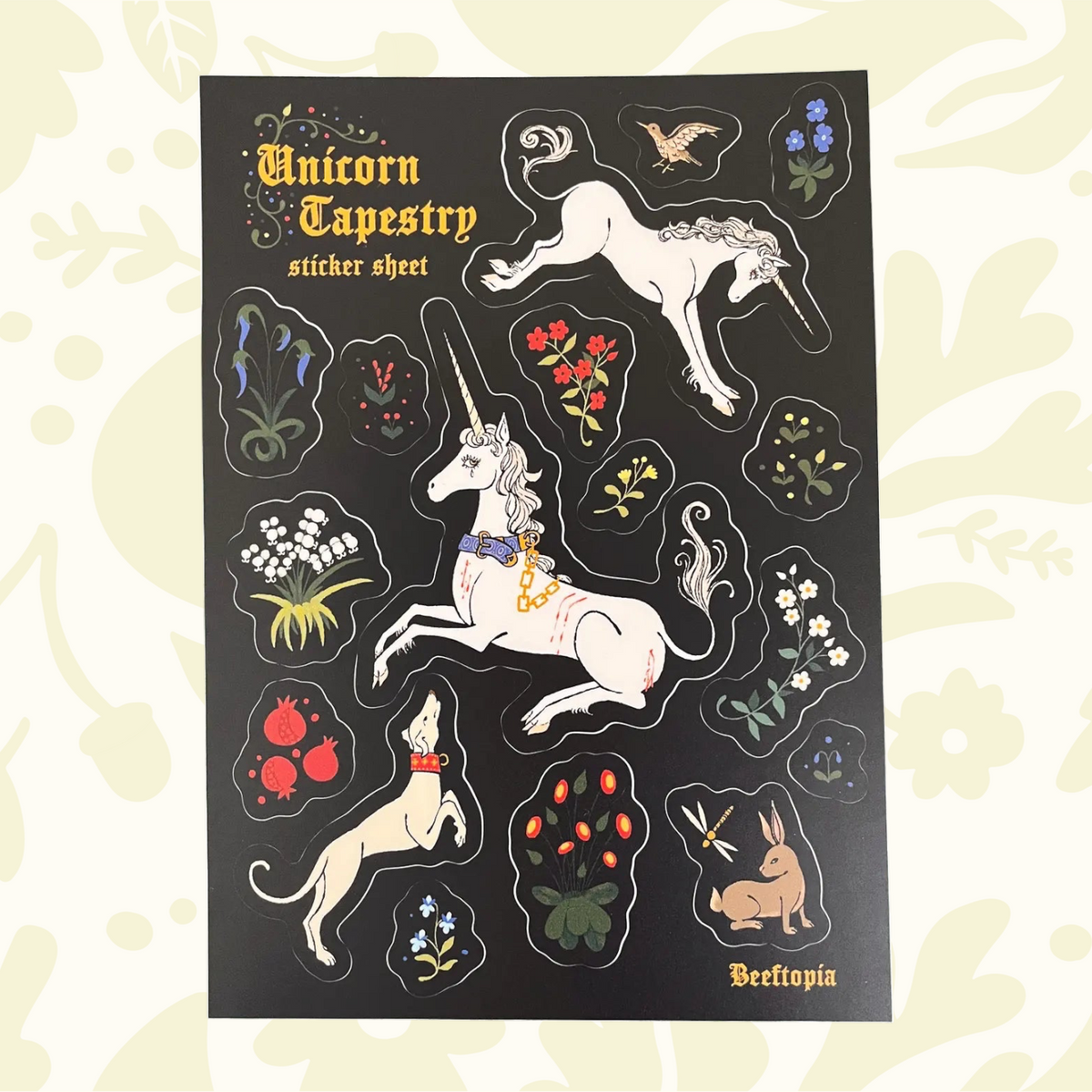 Forager Provisions LTD Beeftopia unicorn tapestry sticker sheet featuring medieval style illustrations on black vinyl