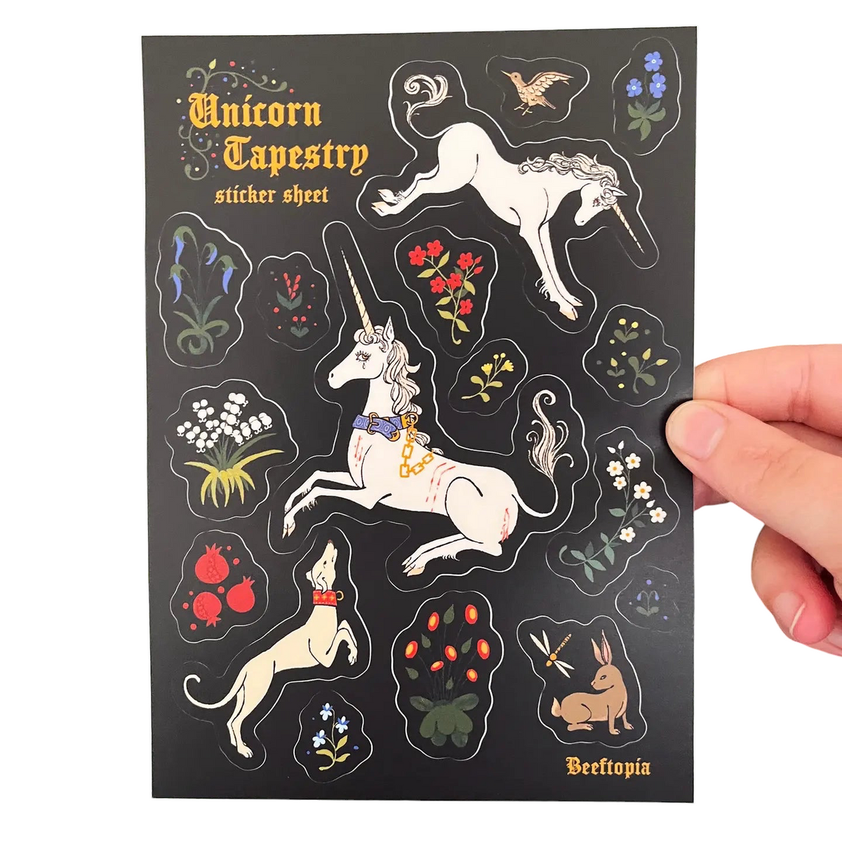 Forager Provisions LTD Beeftopia unicorn tapestry sticker sheet featuring medieval mythical creatures and floral motifs.