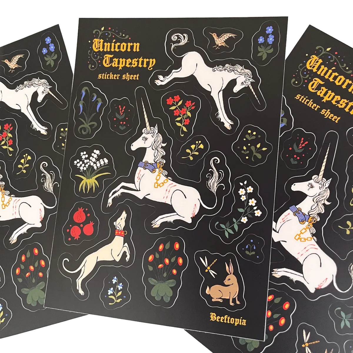 Forager Provisions LTD Beeftopia waterproof vinyl sticker sheet featuring medieval unicorn tapestry illustrations.