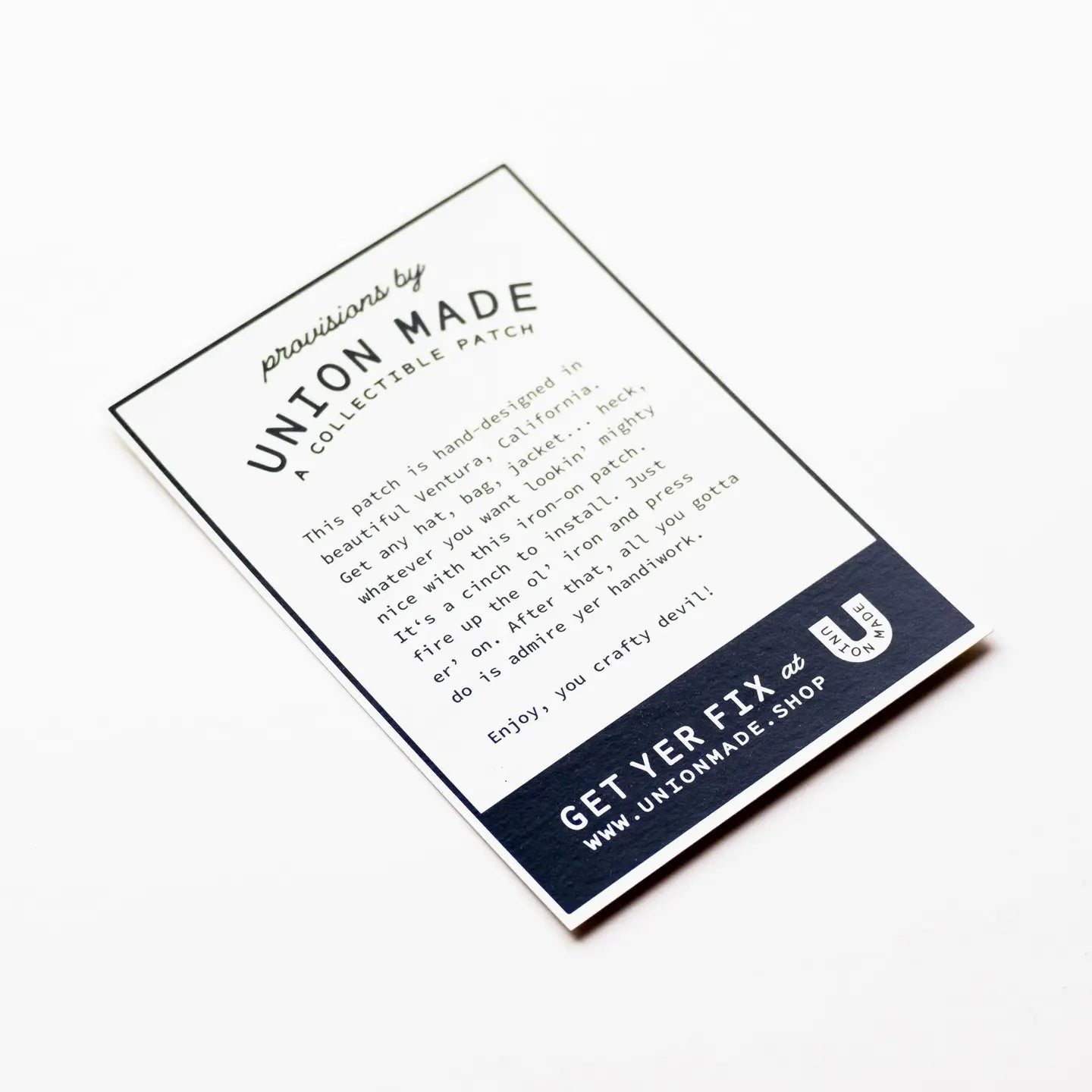 Union Made Camp Happy embroidered patch info card with website displayed on white background, high quality union-made product.