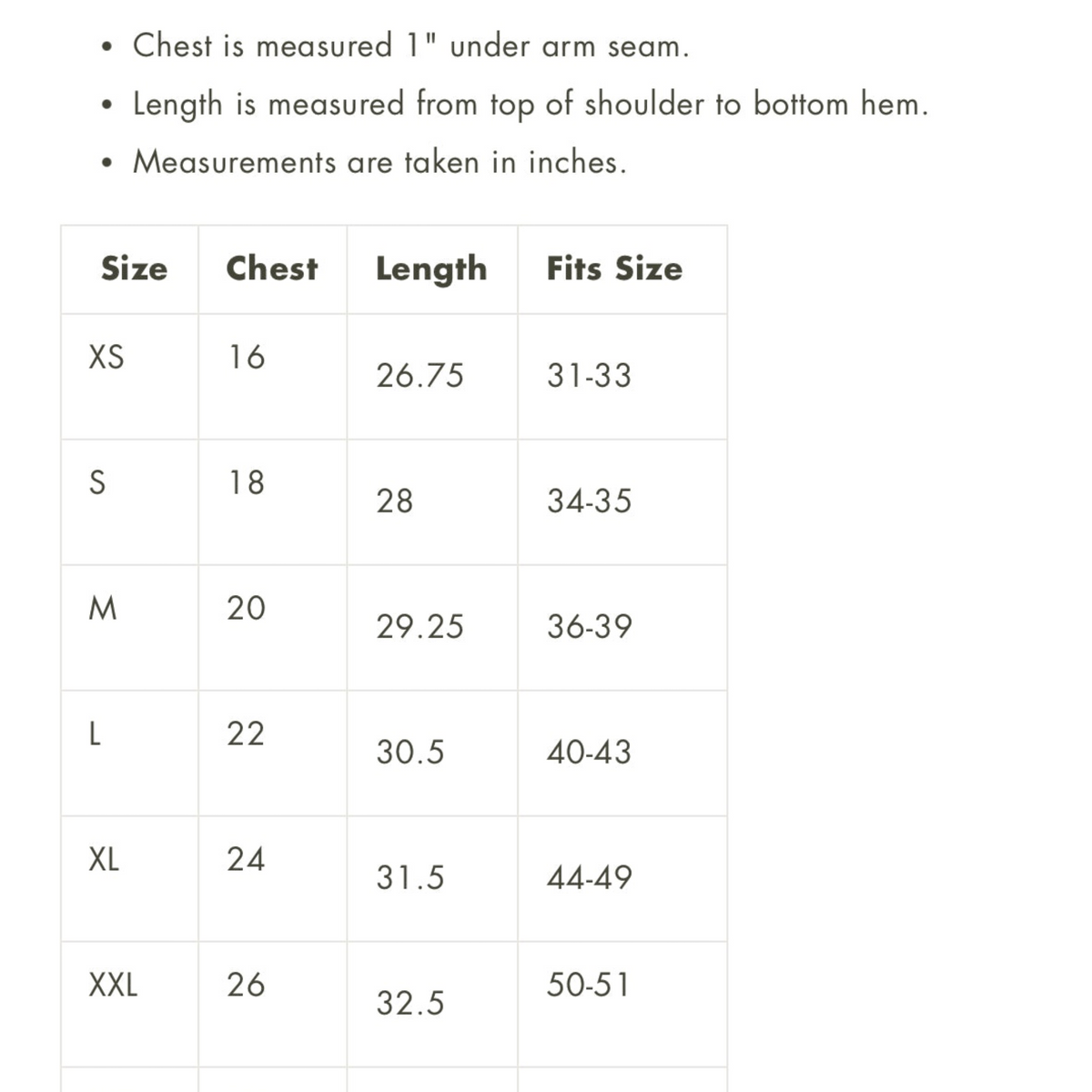 Forager Provisions LTD size chart table for unisex t-shirt showing chest and length measurements in inches