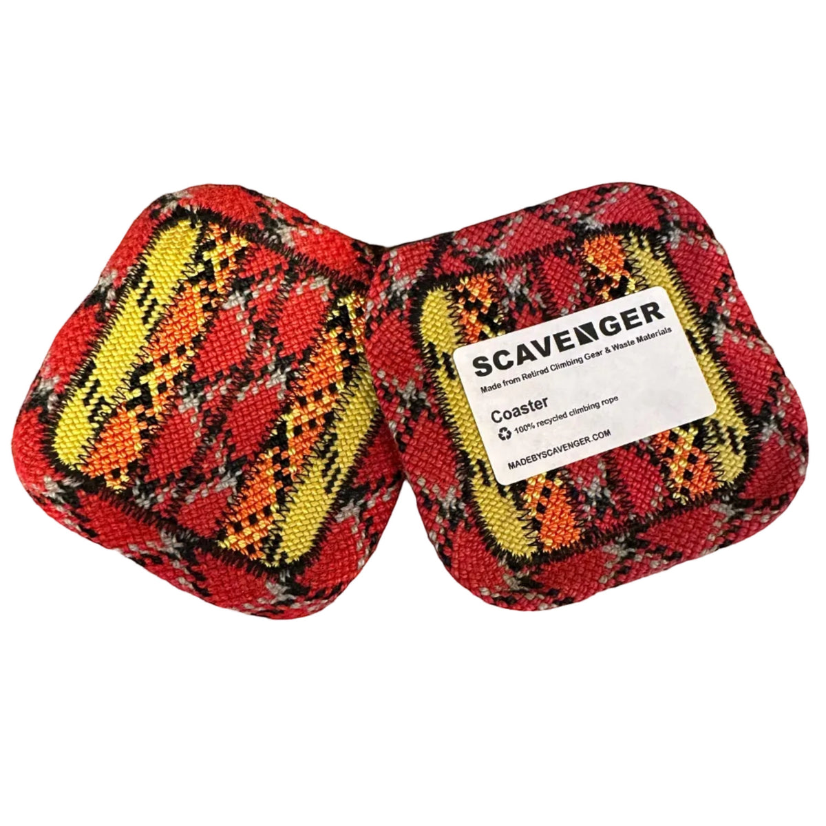 Forager Provisions LTD Scavenger upcycled climbing rope coasters in Fire red and yellow pattern, set of two.