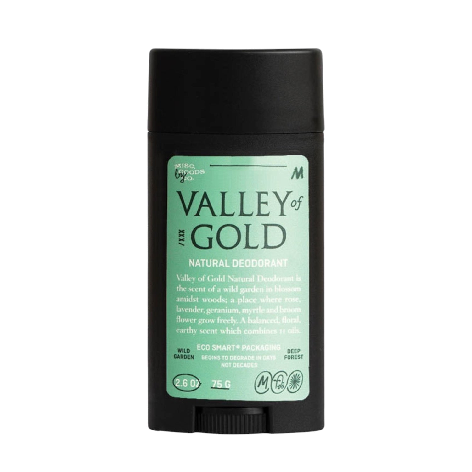 Forager Provisions LTD Misc Goods Co Valley of Gold natural deodorant in a black eco-friendly stick container.