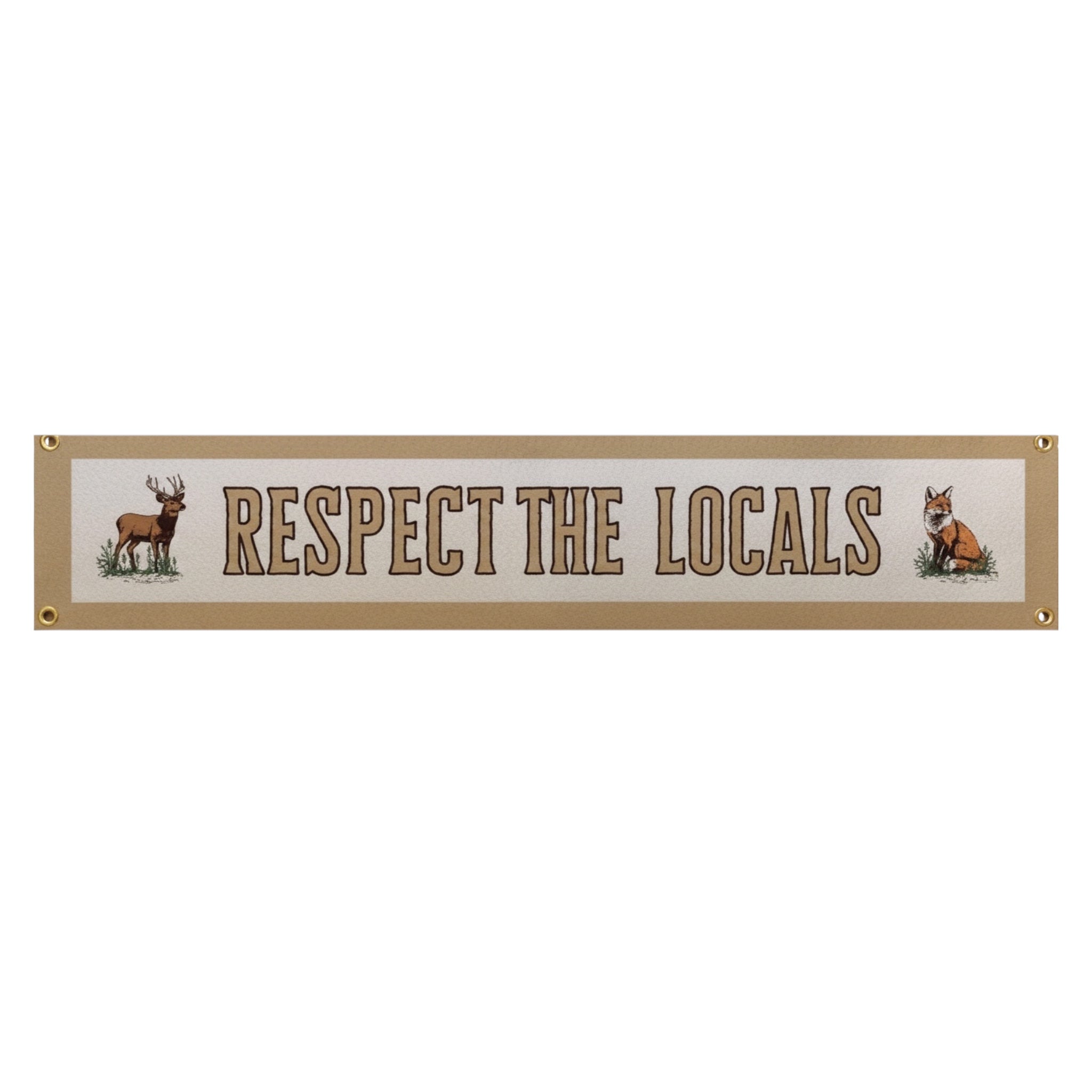 Forager Provisions LTD vintage felt banner with Respect The Locals typography, deer and fox illustrations, beige border
