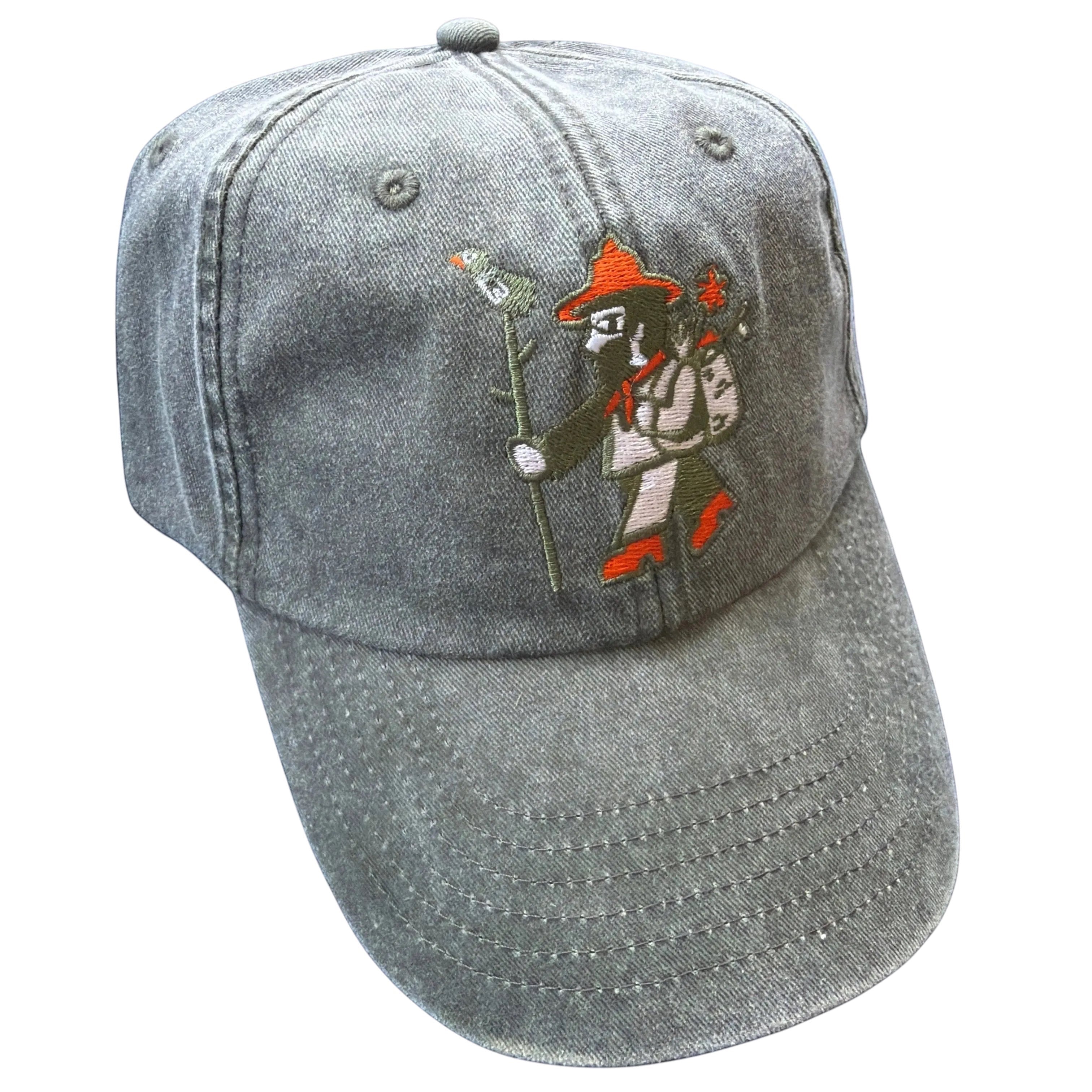 Forager Provisions LTD embroidered cap in vintage mossy stone heavy washed cotton with a detailed outdoor character logo.
