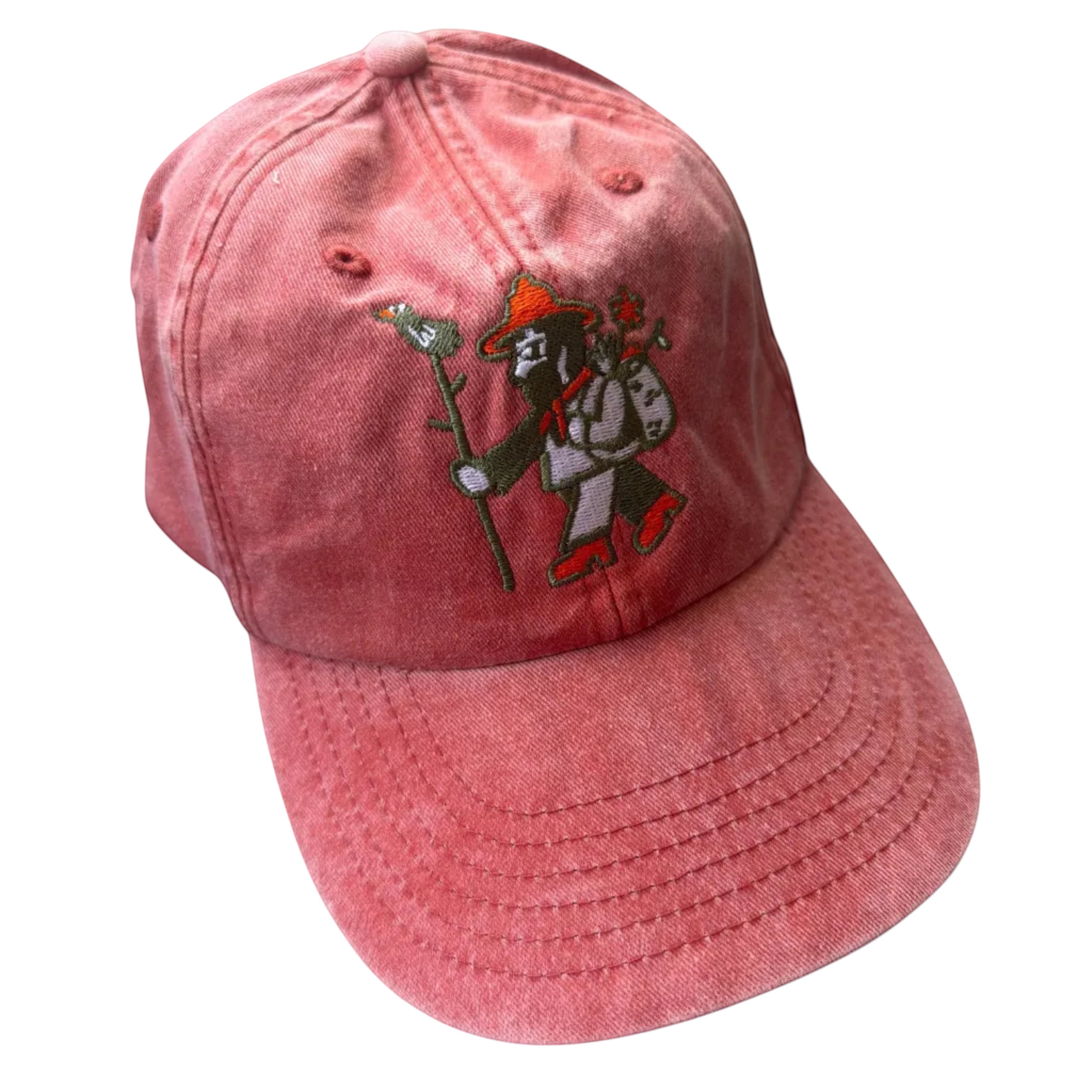 Forager Provisions LTD vintage salmon pink heavy washed cotton baseball cap with embroidered outdoor character logo