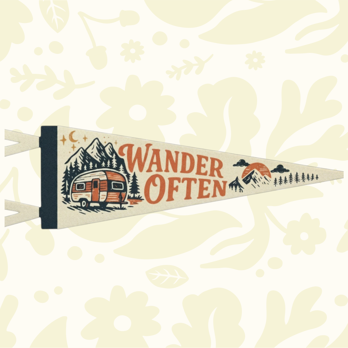 Forager Provisions LTD Benoit Design Co felt pennant featuring a vintage camper, mountains, and Wander Often text.