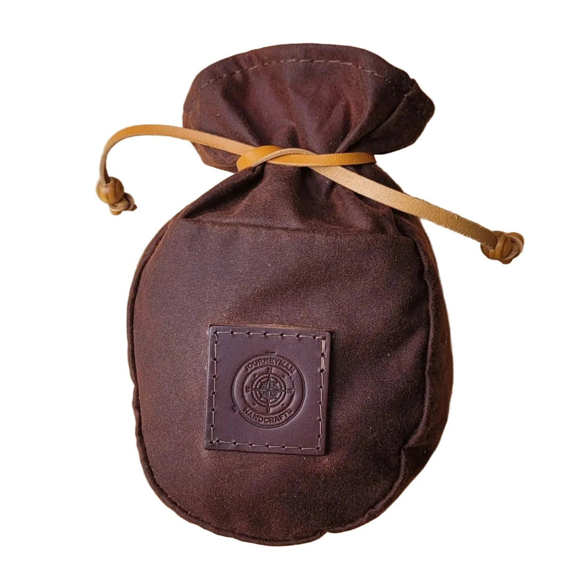 Forager Provisions LTD Journeyman Craft chestnut brown waxed canvas coffee pouch with a leather tie closure.