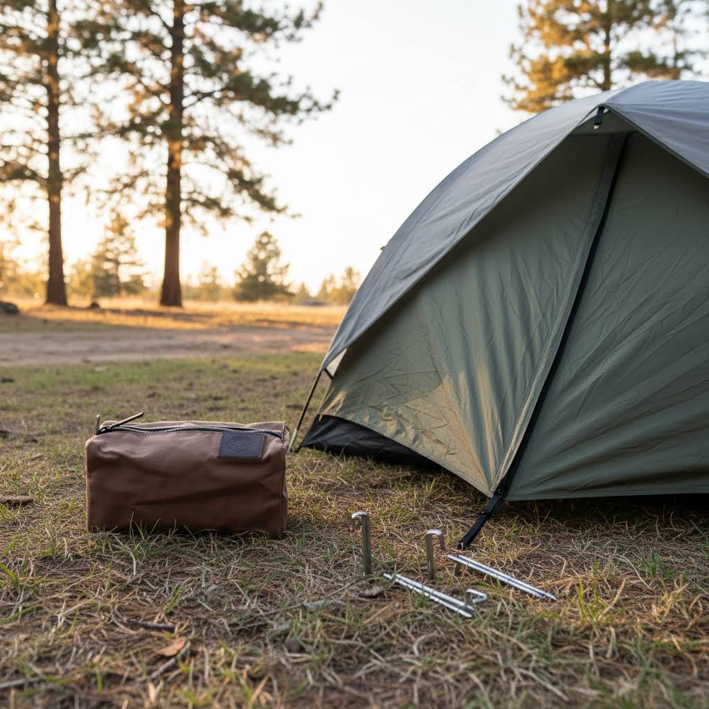 Forager Provisions LTD brown waxed canvas camping peg case sitting on grass next to a tent and metal tent pegs