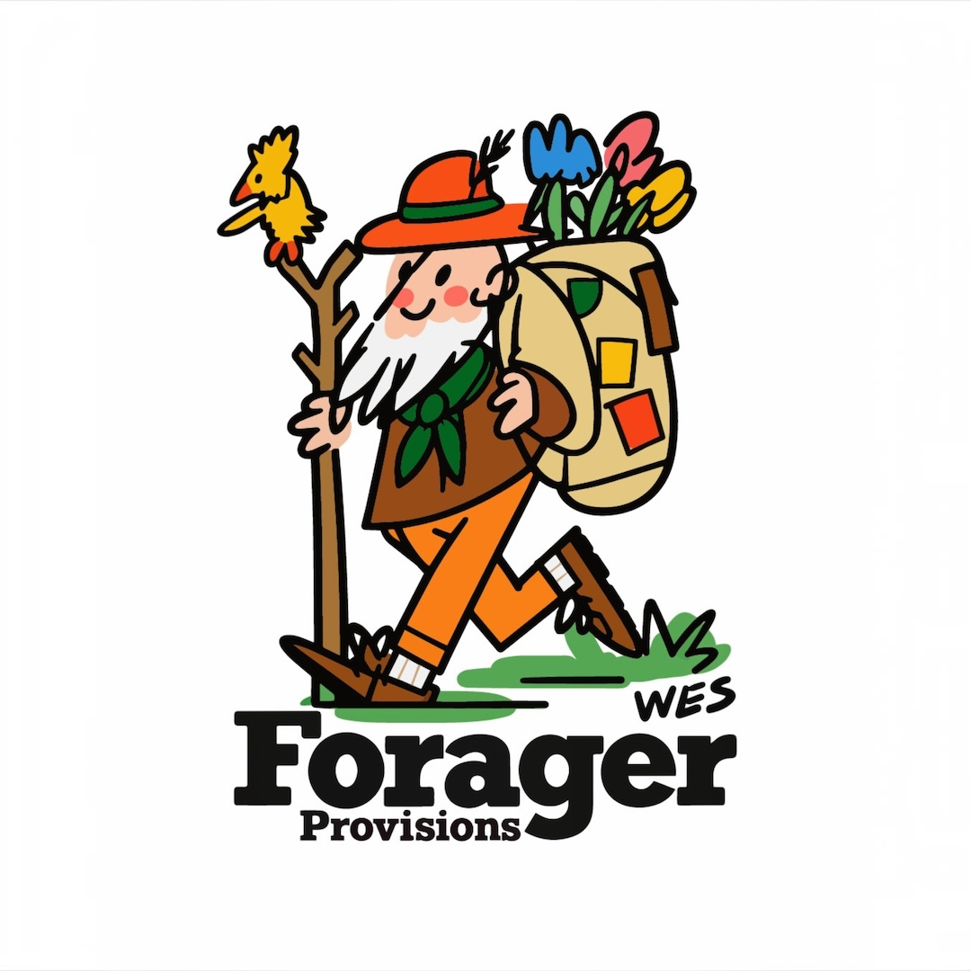 Forager Provisions x Wes Robinson graphic illustration of a bearded hiker with a backpack and walking stick