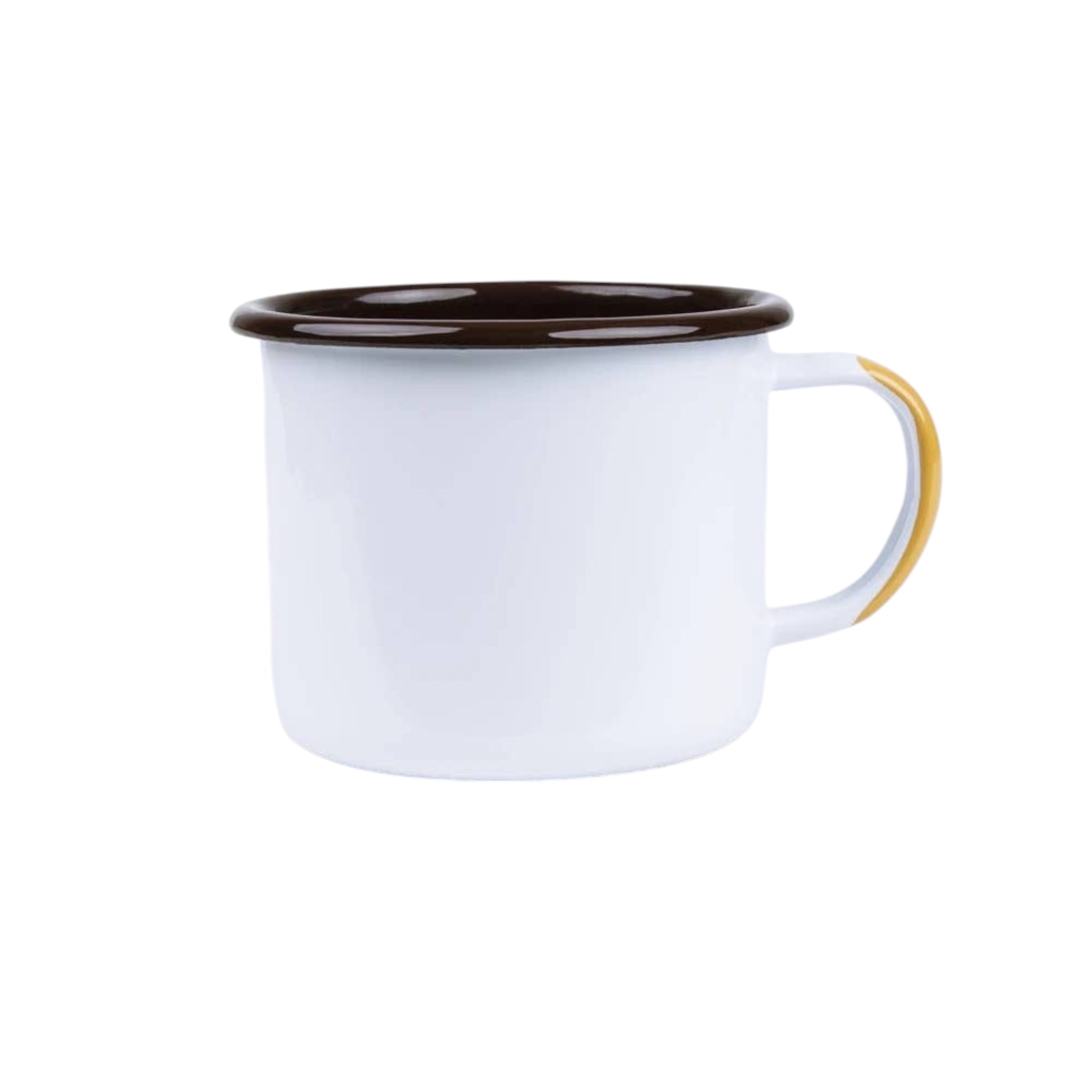 Forager Provisions LTD 22 oz white enamel camping mug with a brown rim and yellow handle detail