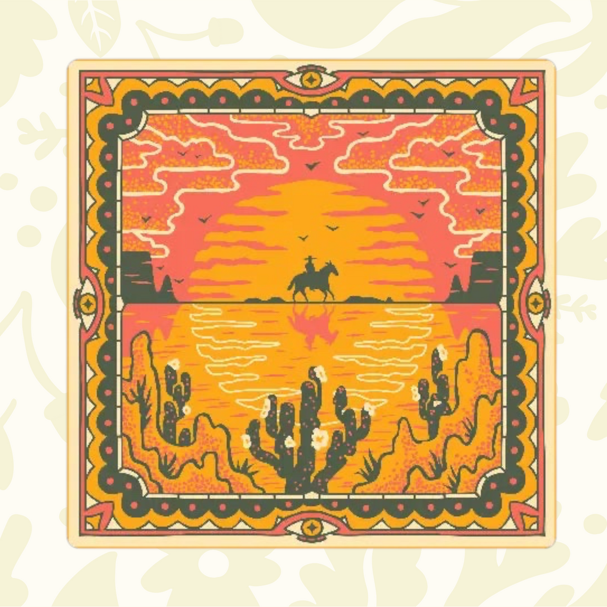 Forager Provisions LTD Bandits Bandanas Wild West Sunset square cotton bandana with desert landscape and cowboy print.