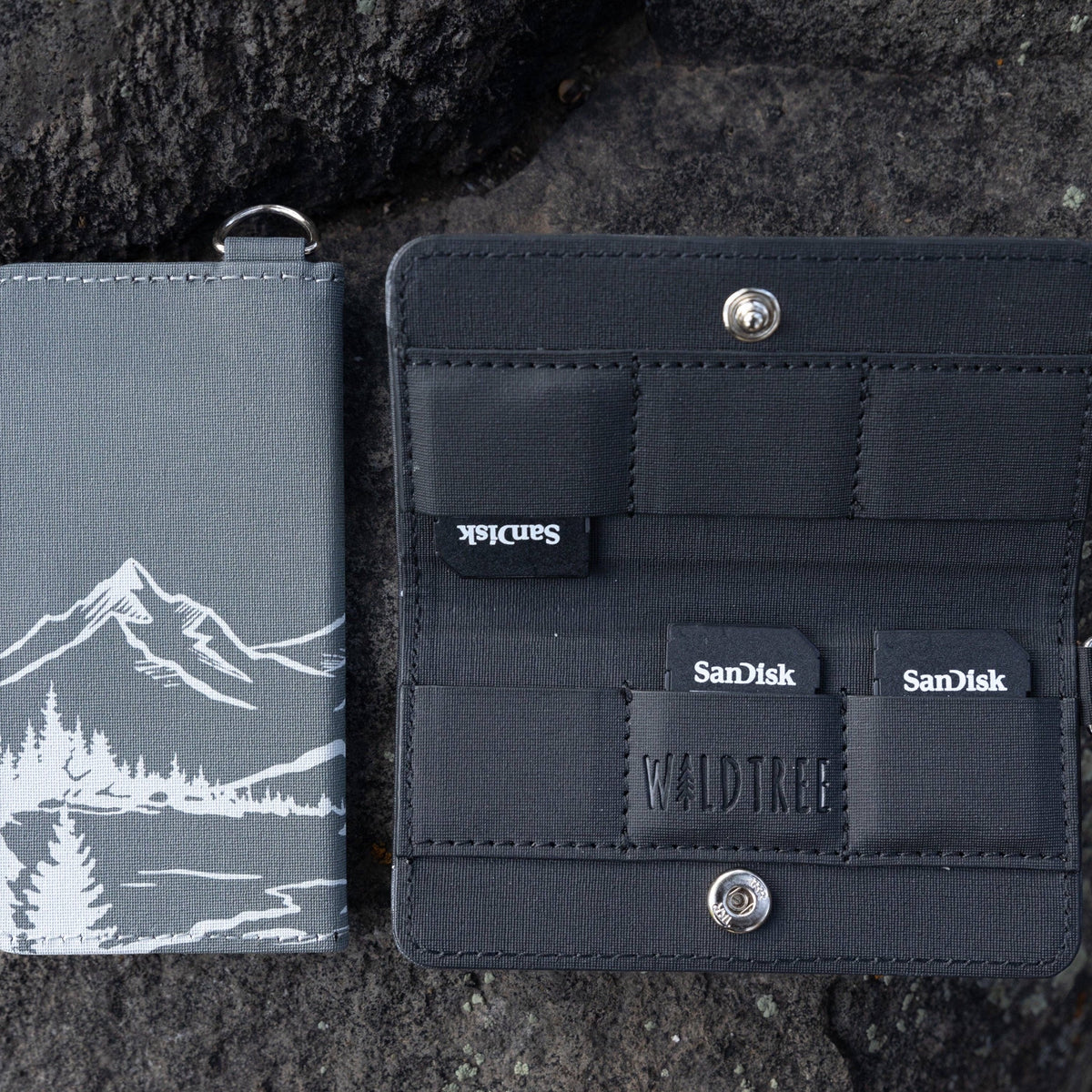 Forager Provisions LTD Wildtree Wilderness card holder with mountain landscape print, open and closed views.
