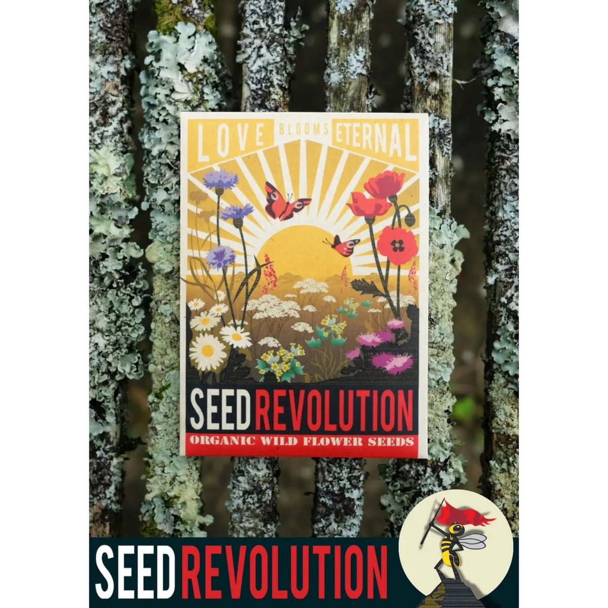Forager Provisions LTD Seed Revolution Love Blooms Eternal wildflower seed packet with sunset and floral illustration.