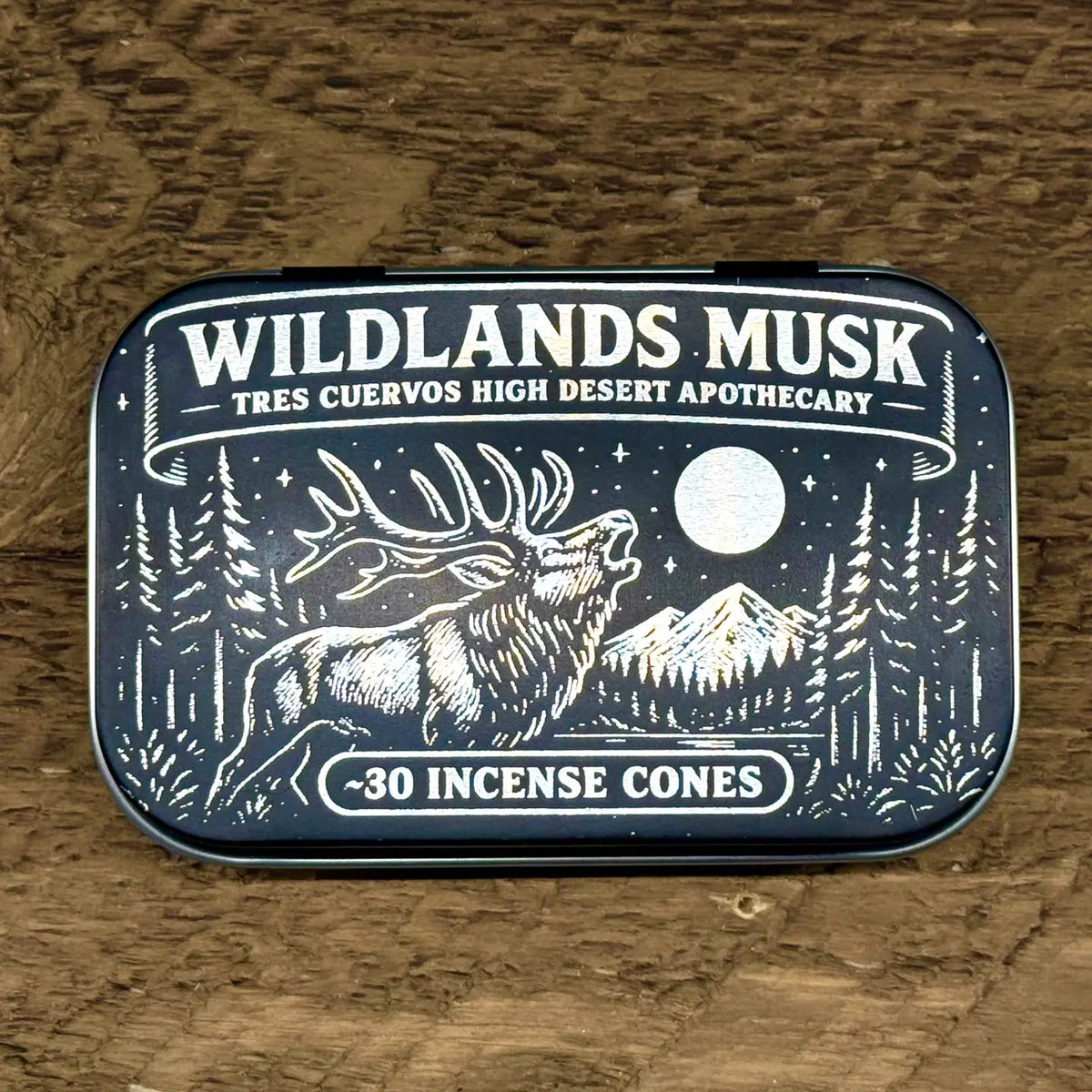 Forager Provisions LTD Tres Cuervos Wildlands Musk incense cone tin featuring a black and white elk illustration.