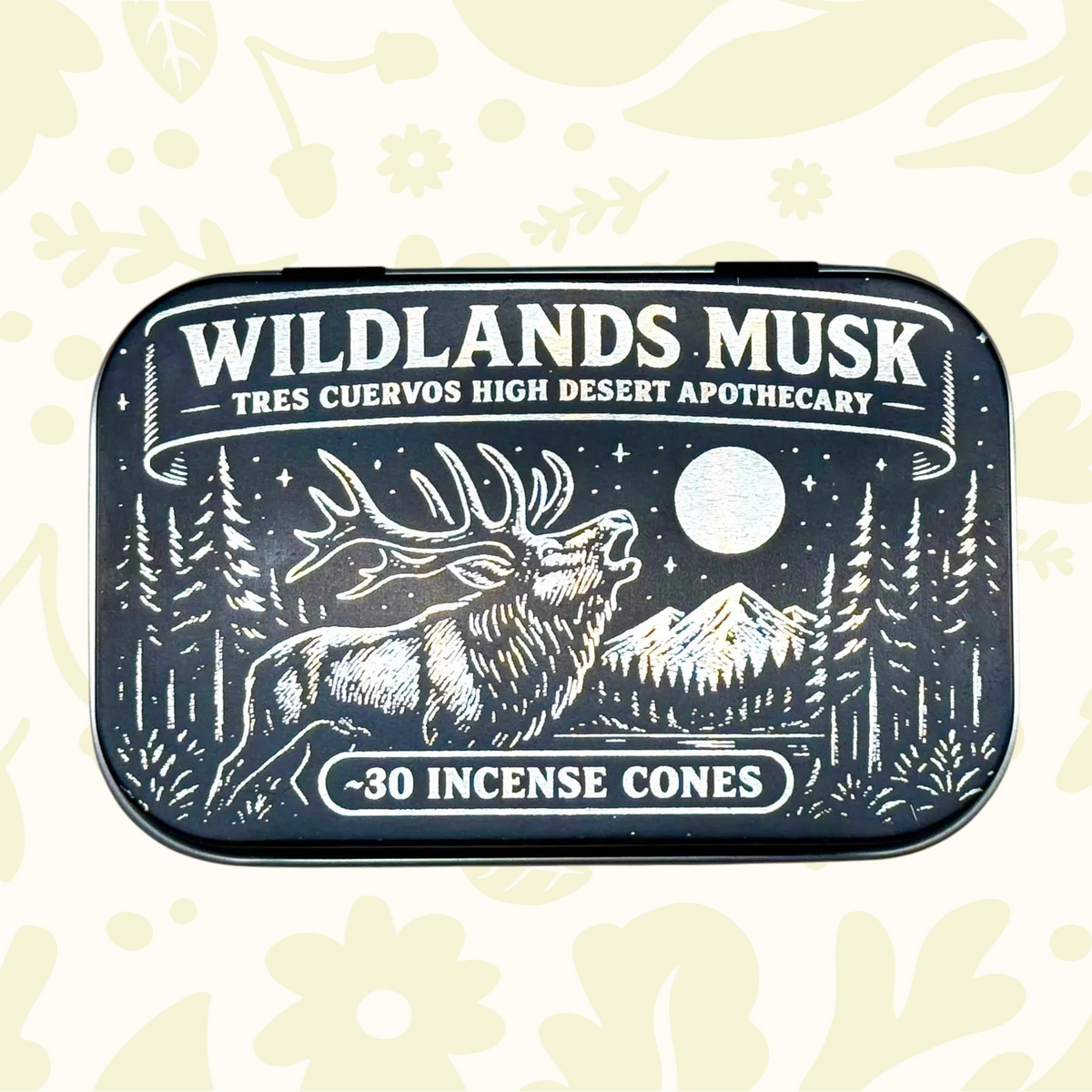 Forager Provisions LTD Tres Cuervos Wildlands Musk charcoal incense cones in a black illustrated metal tin.